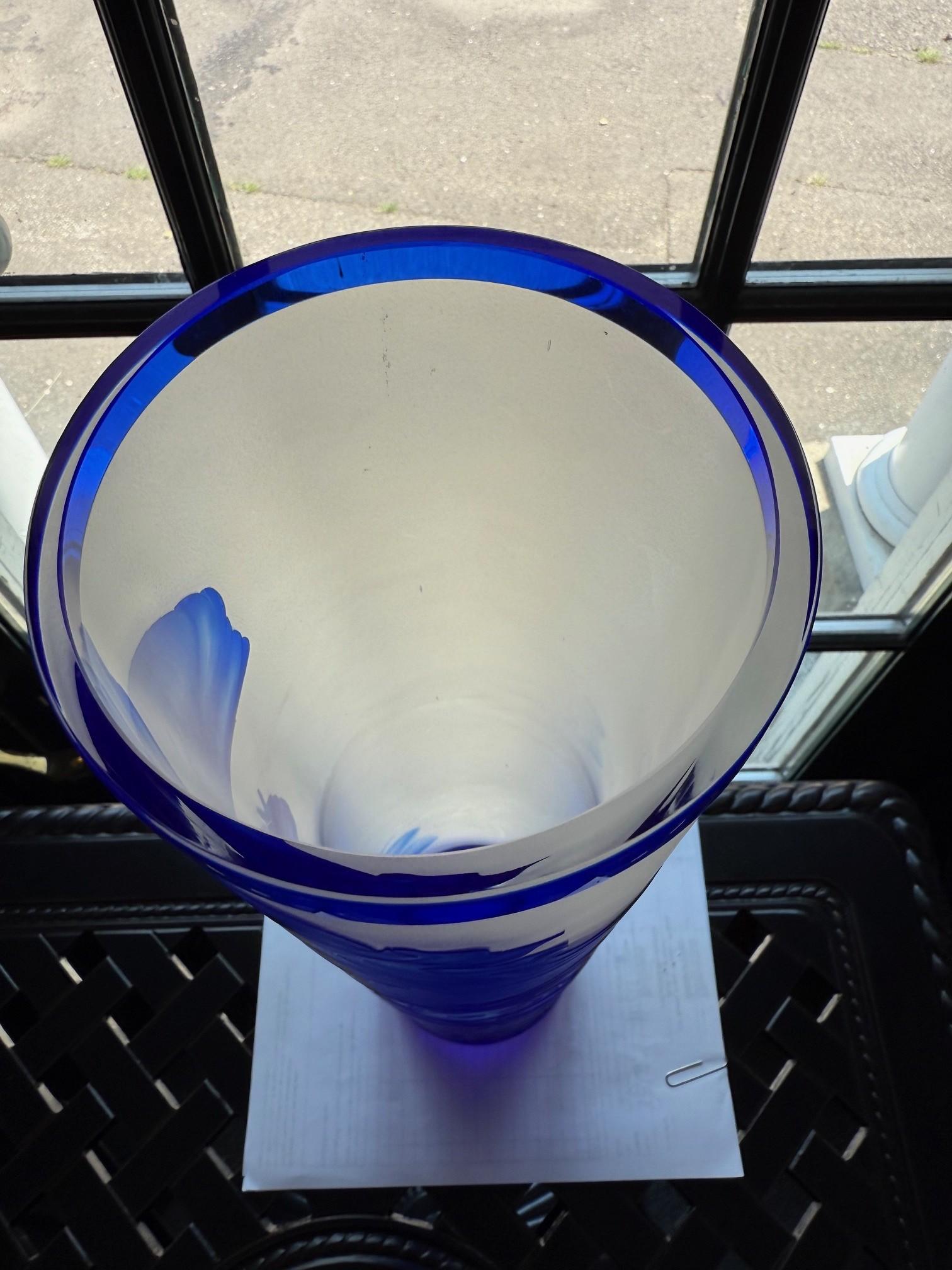 Crystal Bohemian Art Nouveau Style Blue Cut Cameo Glass Vase Signed Ingrid For Sale