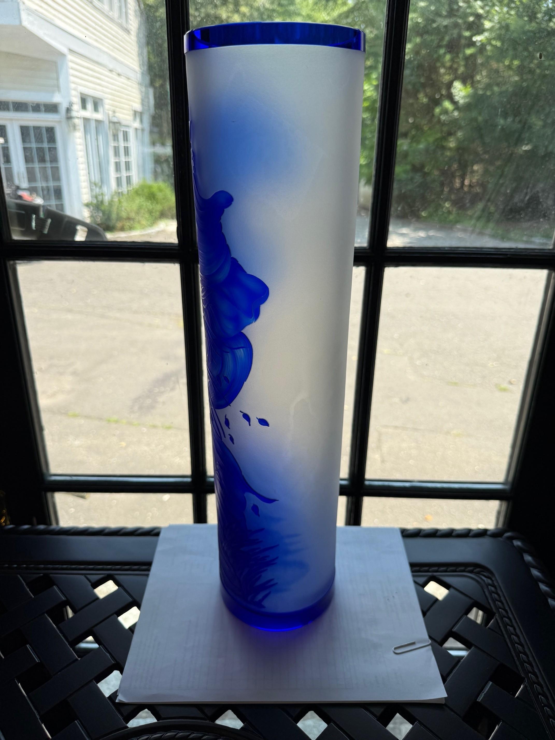 Bohemian Art Nouveau Style Blue Cut Cameo Glass Vase Signed Ingrid For Sale 1