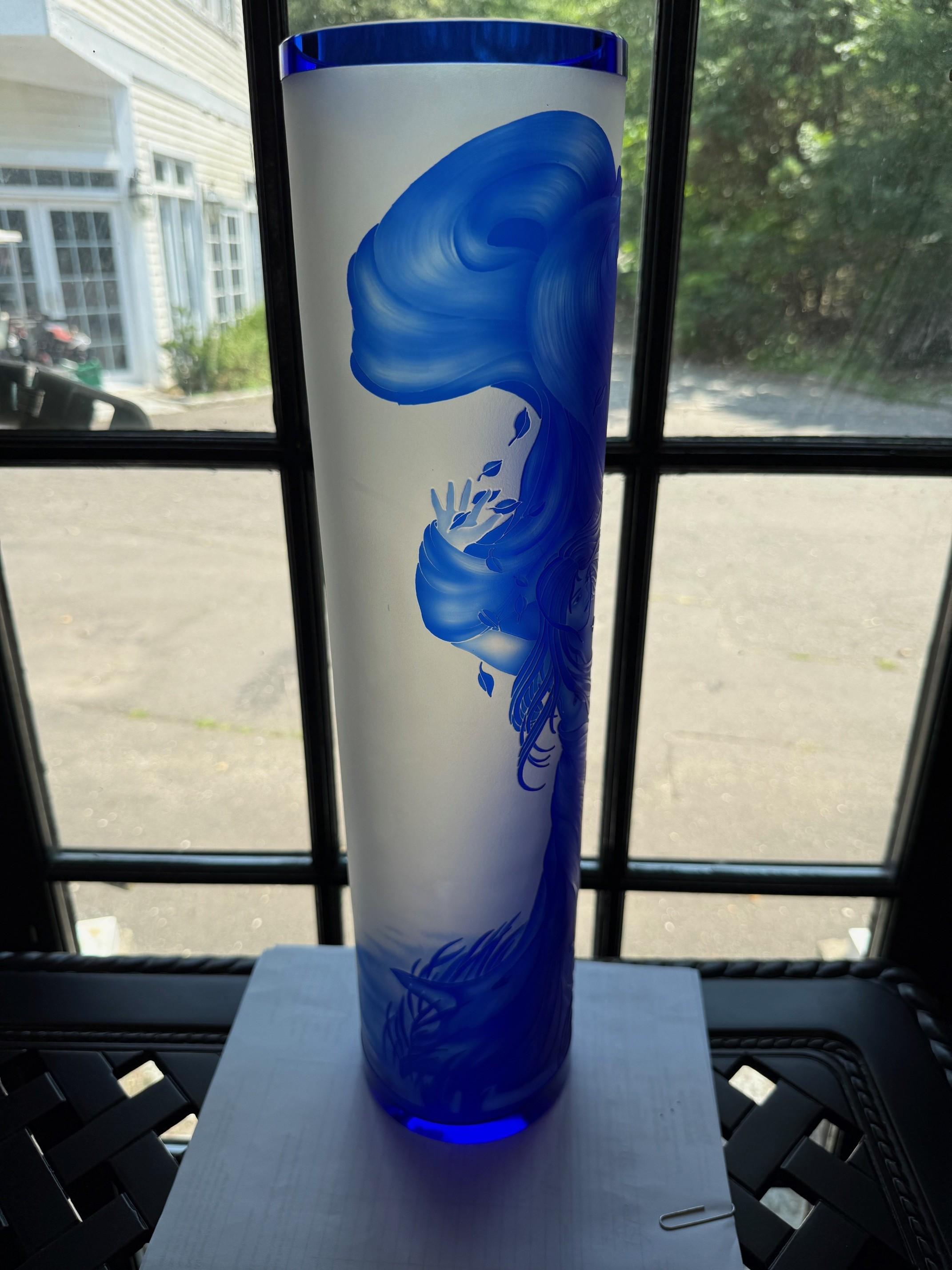 Bohemian Art Nouveau Style Blue Cut Cameo Glass Vase Signed Ingrid For Sale 3