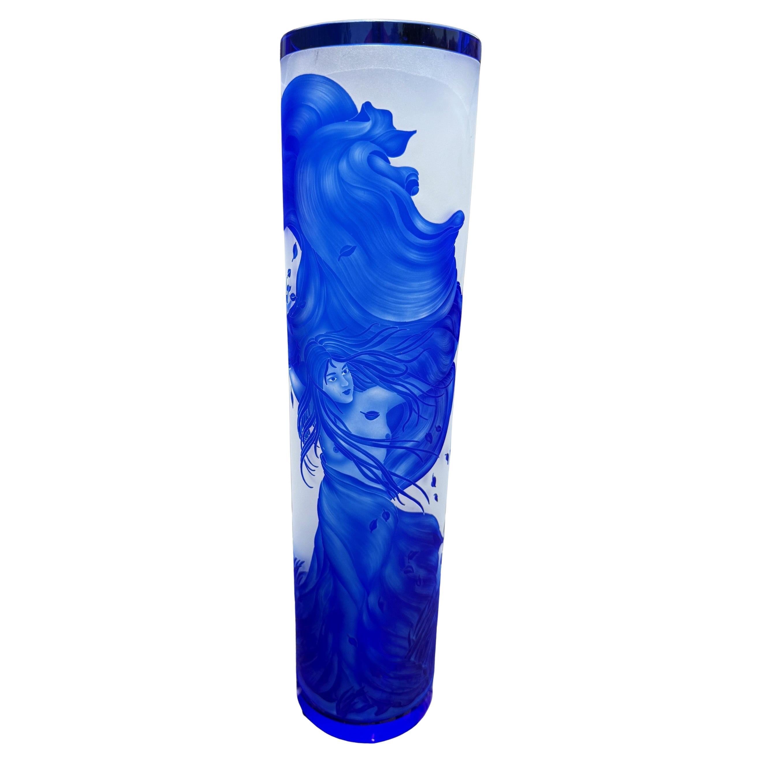 Bohemian Art Nouveau Style Blue Cut Cameo Glass Vase Signed Ingrid For Sale