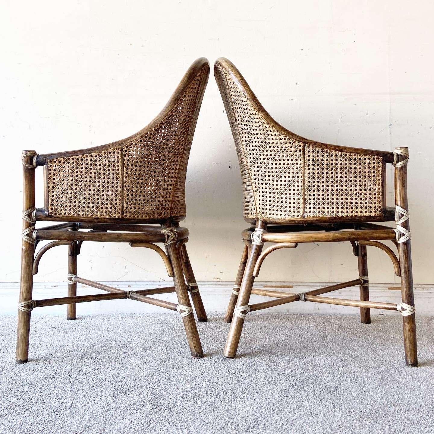 Bohemian Bamboo and Cane Arm Chairs by McGuire - Set of 4 In Good Condition For Sale In Delray Beach, FL