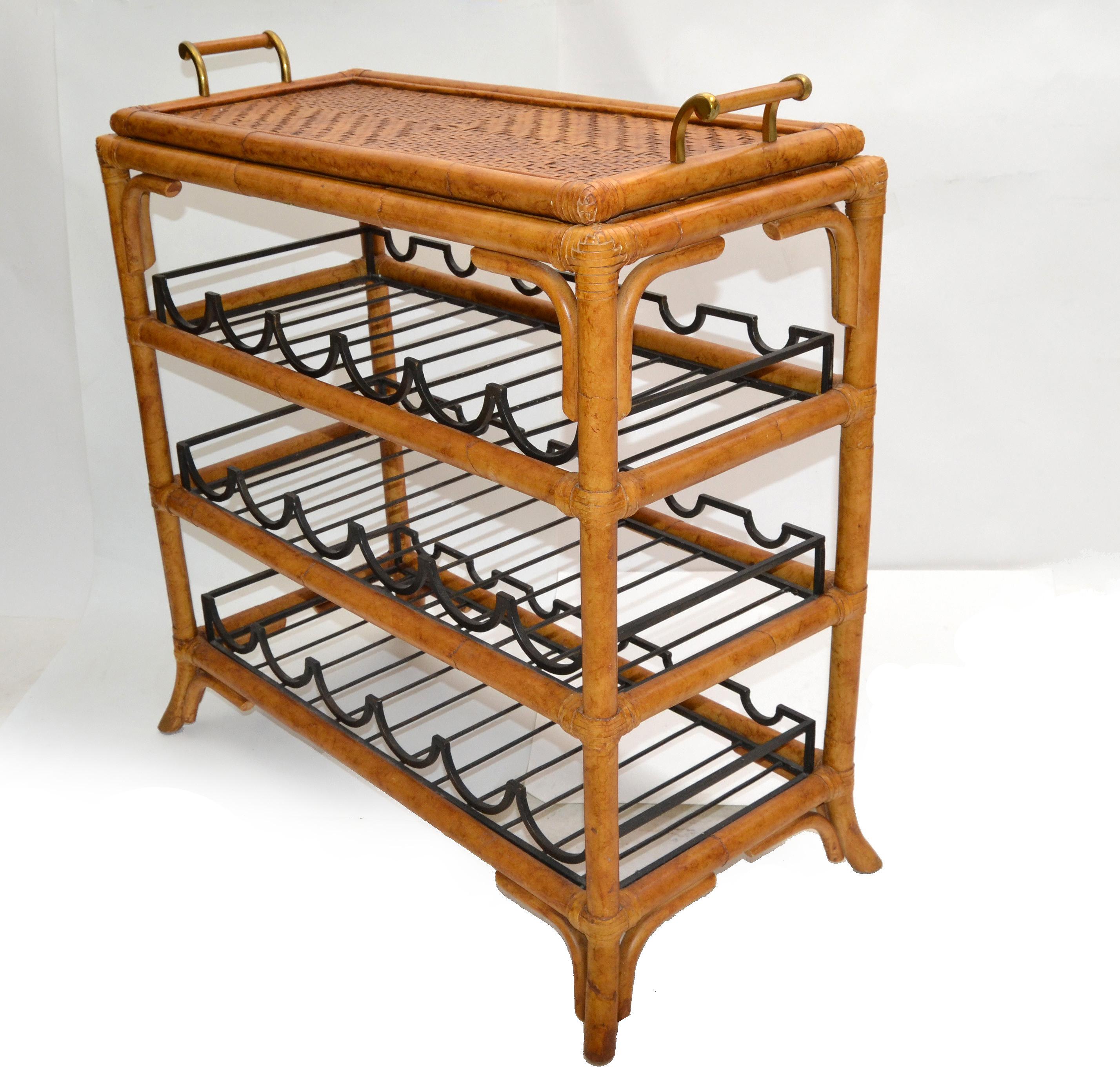 American Bohemian Bamboo Brass & Wrought Iron Dry Bar Wine Stand Bottle Console with Tray