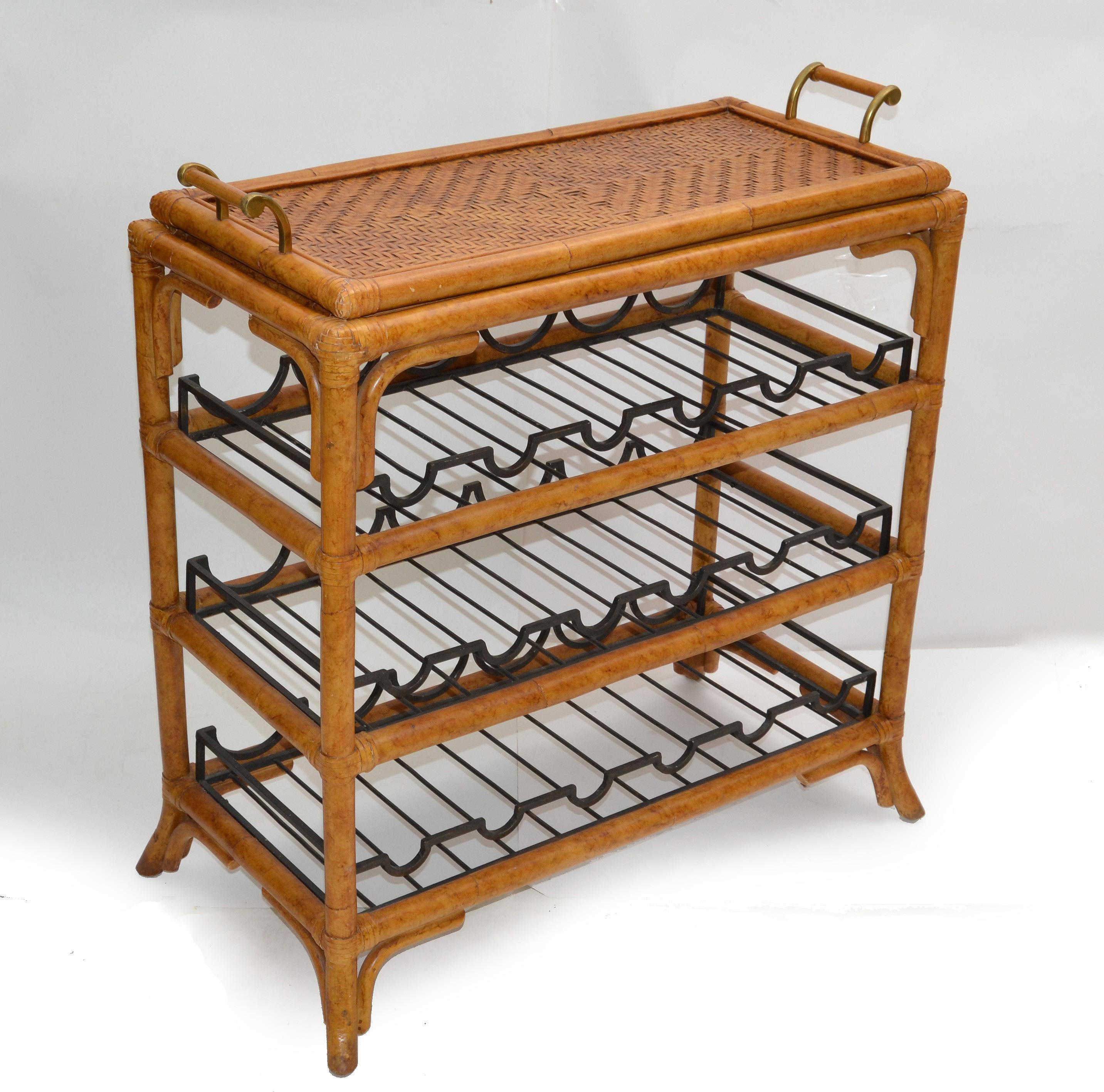 Bohemian Bamboo Brass & Wrought Iron Dry Bar Wine Stand Bottle Console with Tray In Good Condition In Miami, FL