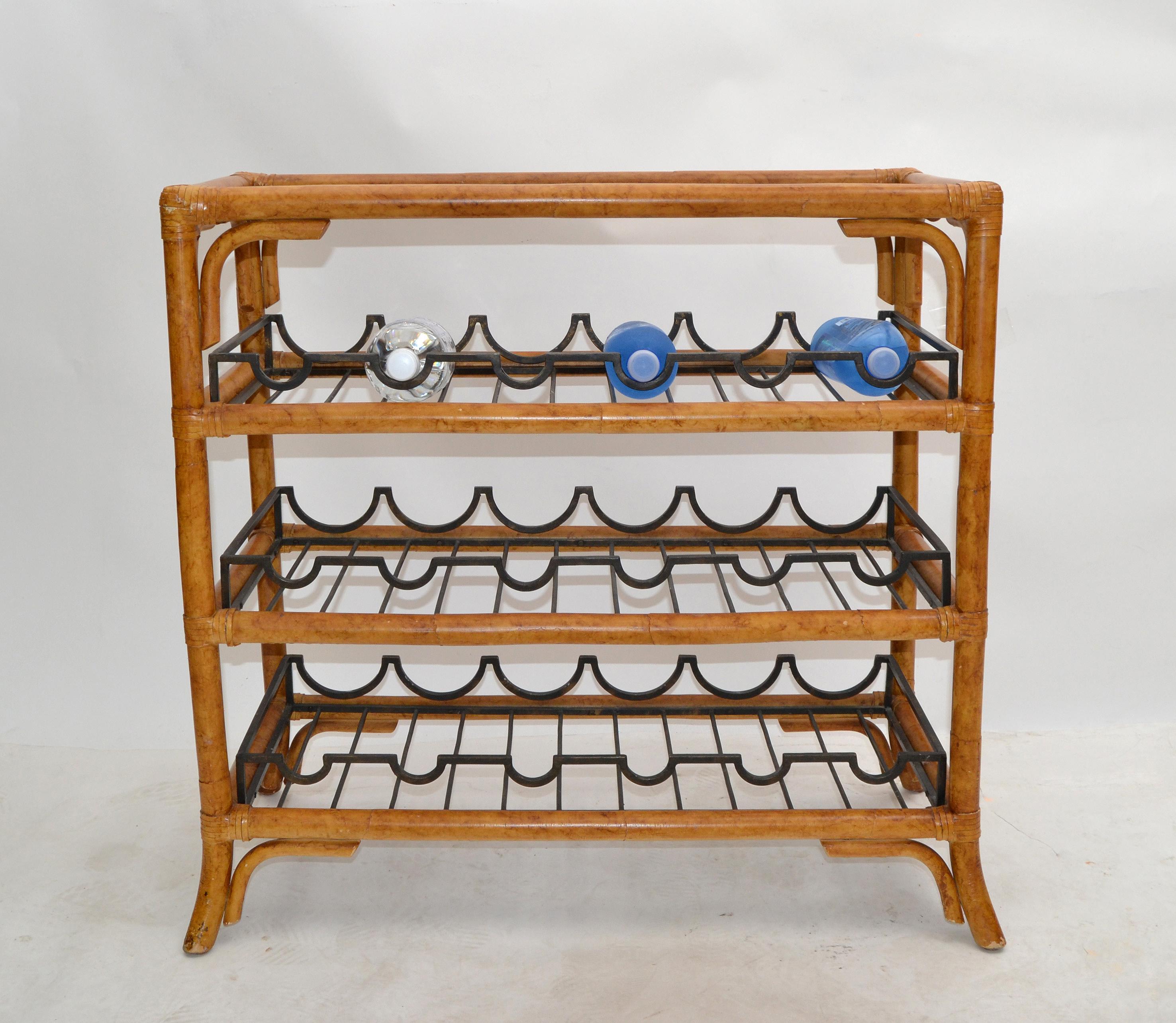 20th Century Bohemian Bamboo Brass & Wrought Iron Dry Bar Wine Stand Bottle Console with Tray