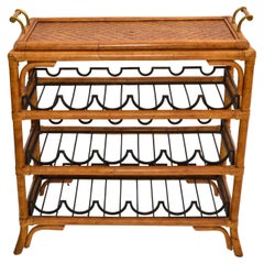 Bohemian Bamboo Brass & Wrought Iron Dry Bar Wine Stand Bottle Console with Tray