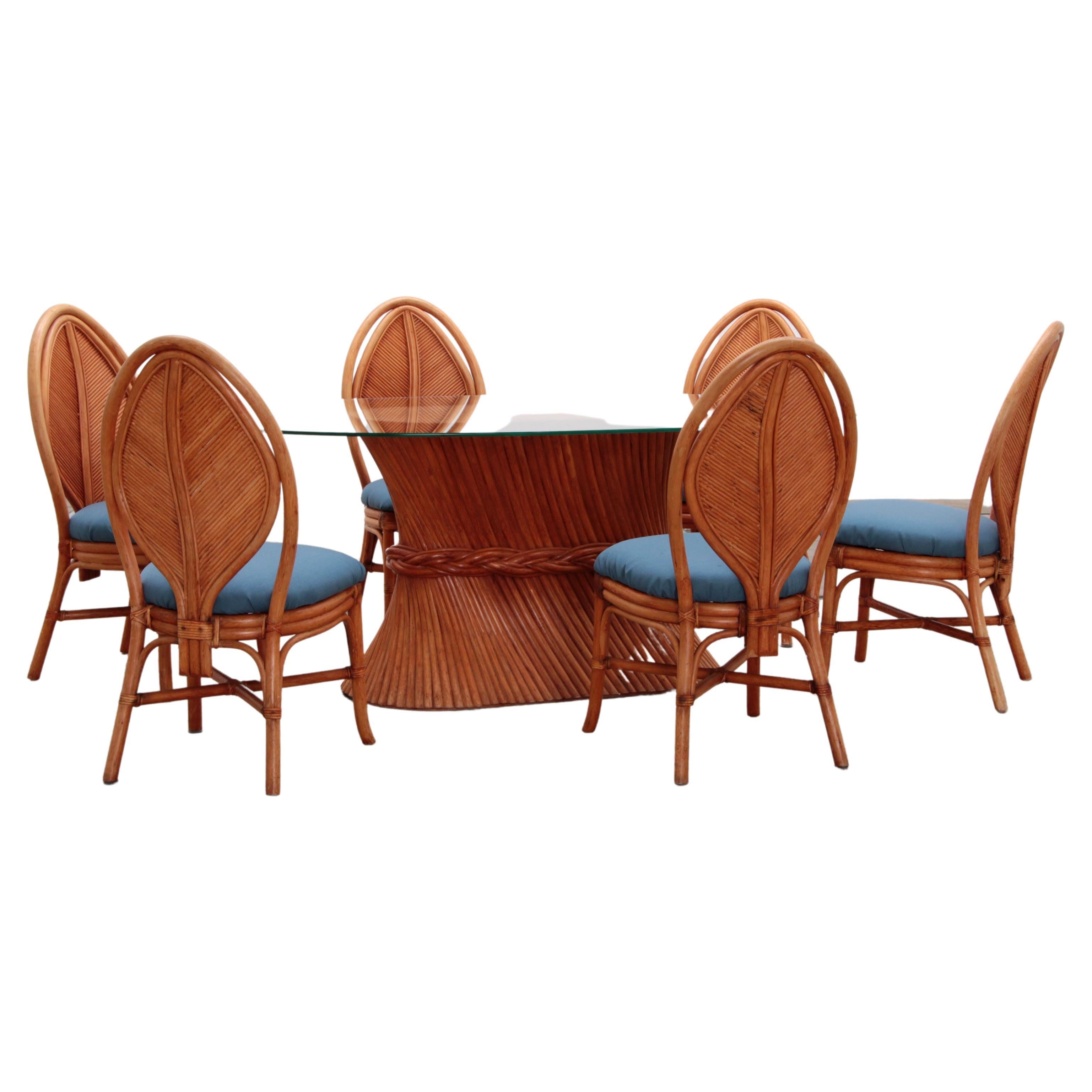 Bohemian Bamboo Mcguire dining table set with 6 palm leaf chairs, 1960 France.