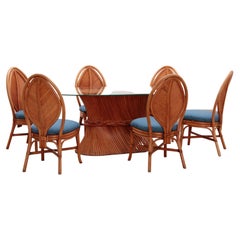 Retro Bohemian Bamboo Mcguire dining table set with 6 palm leaf chairs, 1960 France.