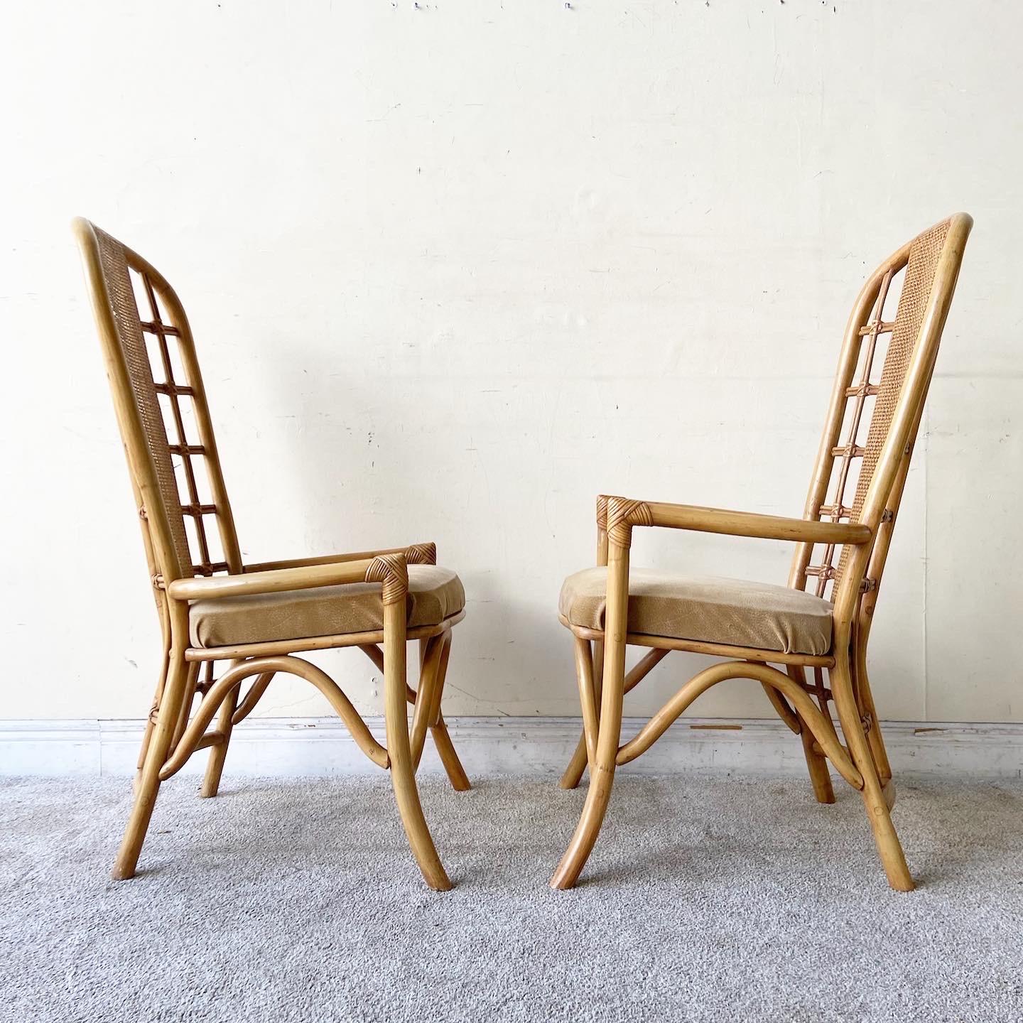 Bohemian Bamboo Rattan and Cane Dining Chairs, 4 Chairs In Good Condition In Delray Beach, FL