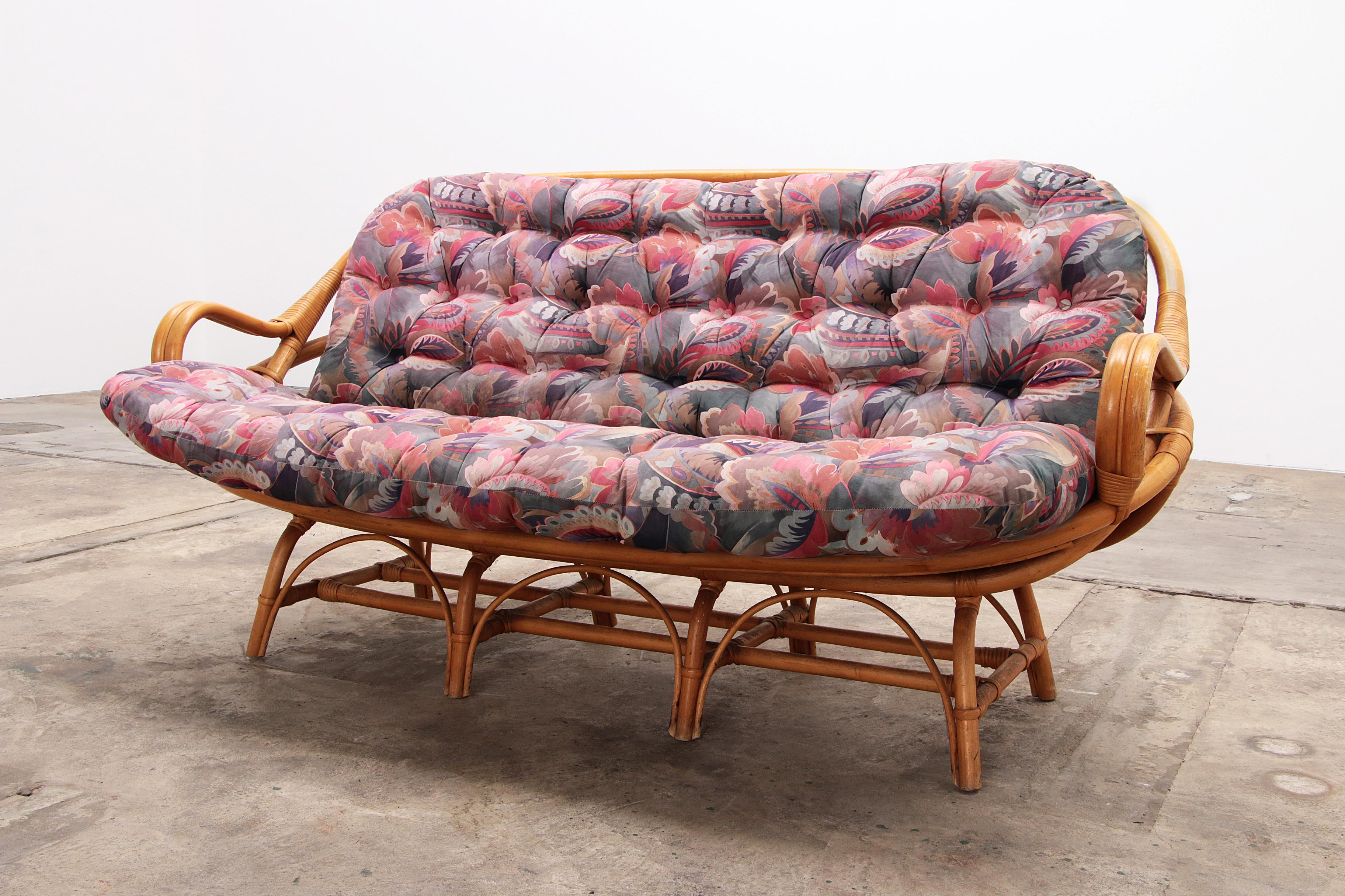 Fabric Bohemian Bamboo set Sofa, Armchairs, Coffee Table and Footstool, 1960