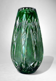 Bohemian Biedermeier Style Cut And Polished Green Crystal Vase