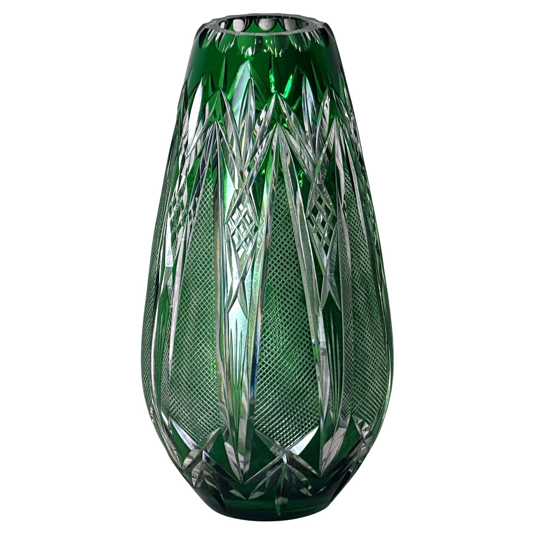 Bohemian Biedermeier Style Cut And Polished Green Crystal Vase For Sale