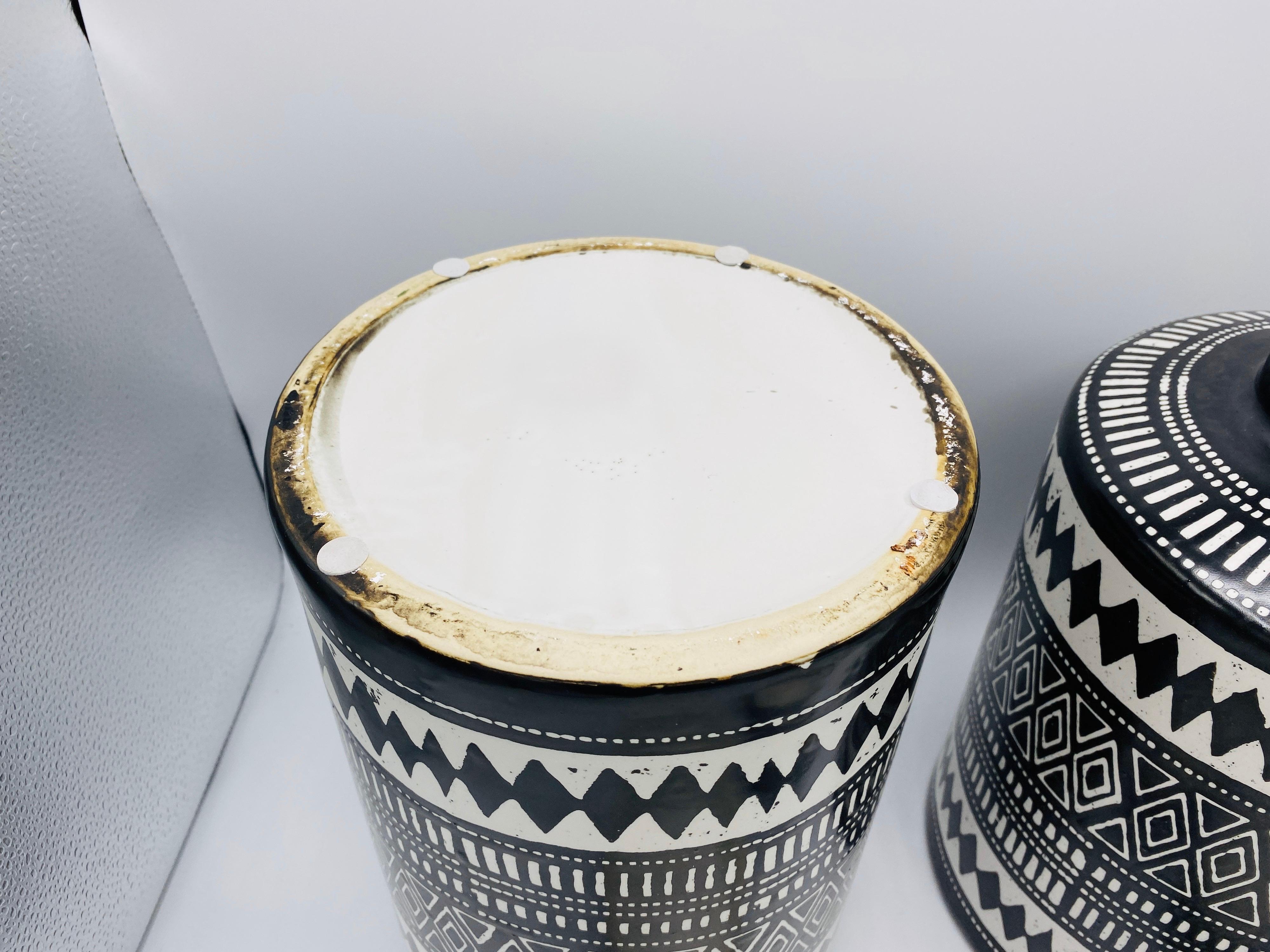 Bohemian Black and White Ceramic Ginger Jar Canisters, Pair For Sale 4