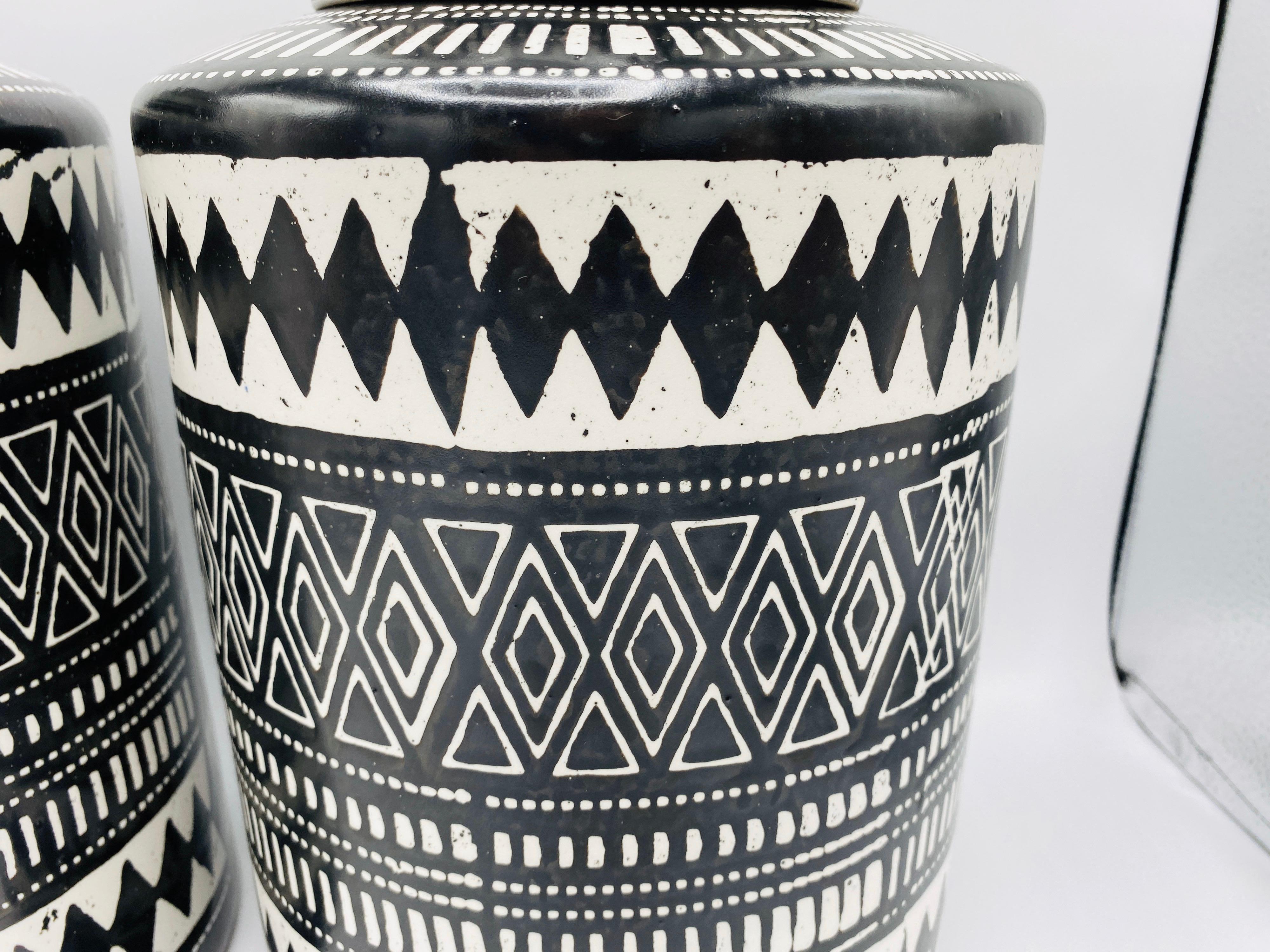 Contemporary Bohemian Black and White Ceramic Ginger Jar Canisters, Pair For Sale