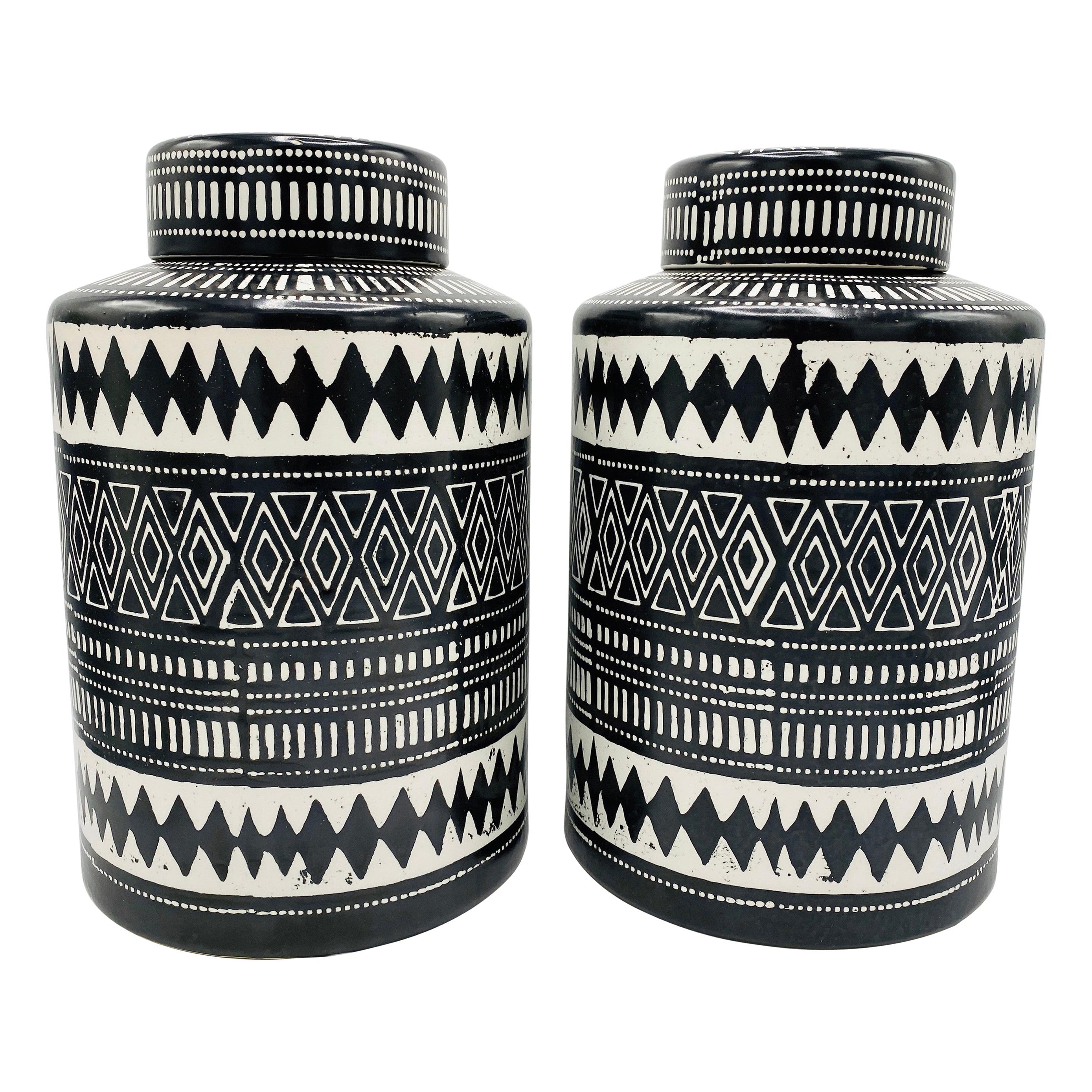 Bohemian Black and White Ceramic Ginger Jar Canisters, Pair For Sale