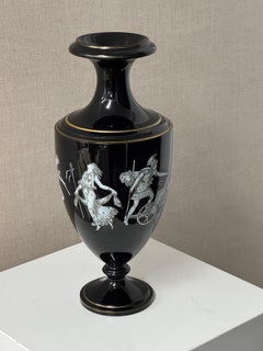 Bohemian black glass vase decorated with Grecian figures circa 1890