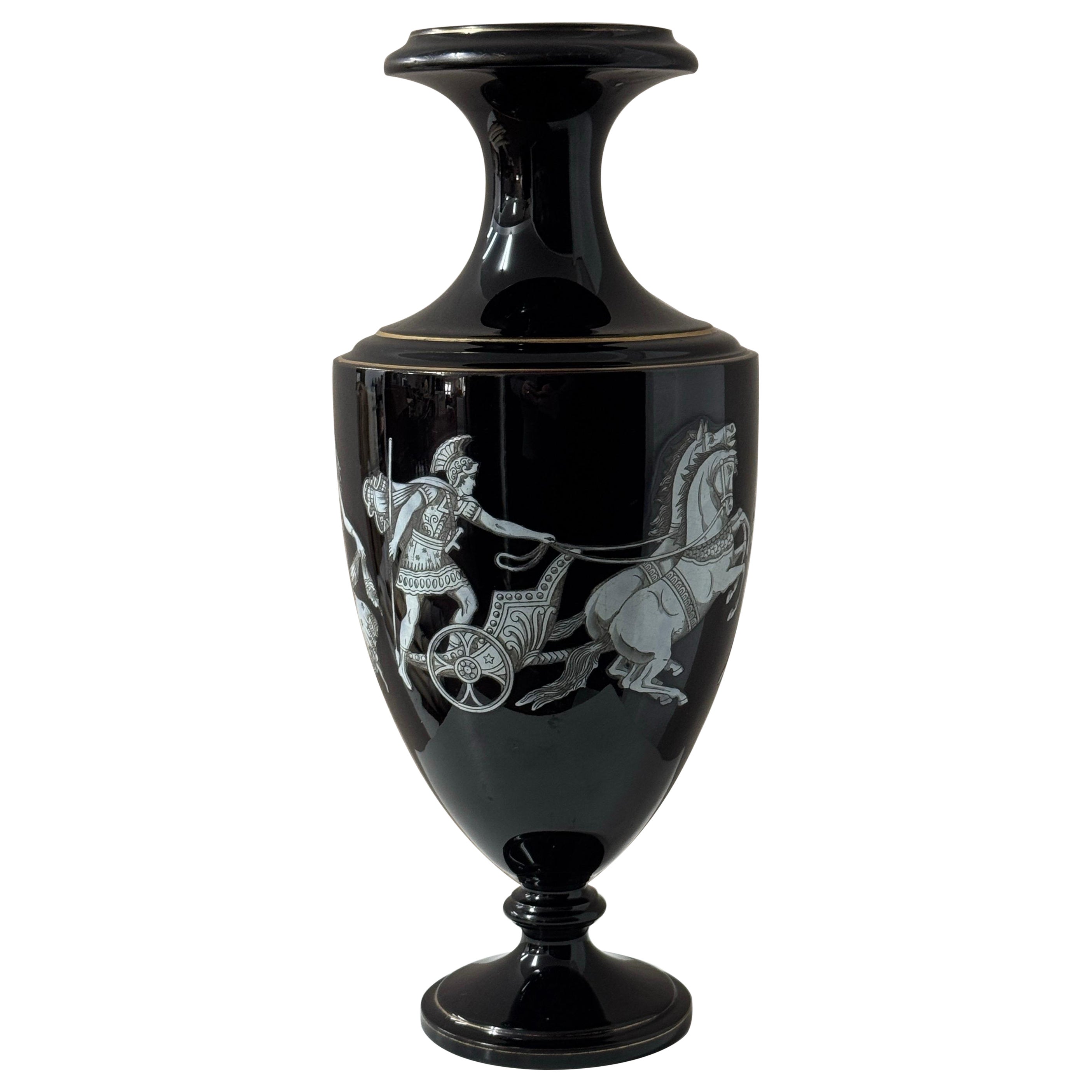 Bohemian black glass vase decorated with Grecian figures circa 1890