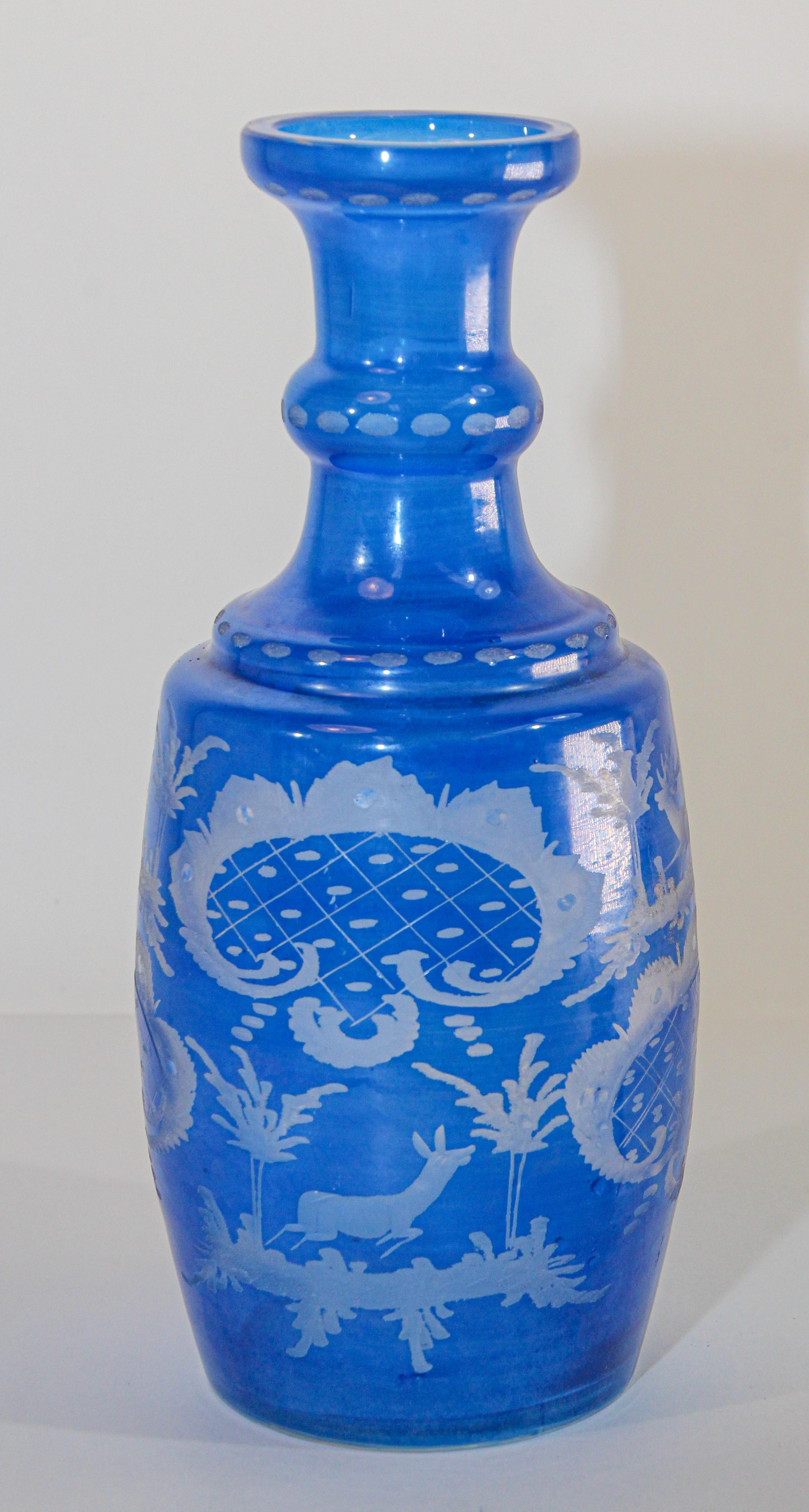 Bohemian Blue Antique Engraved Glass Bottle Covered Decanter For Sale 3