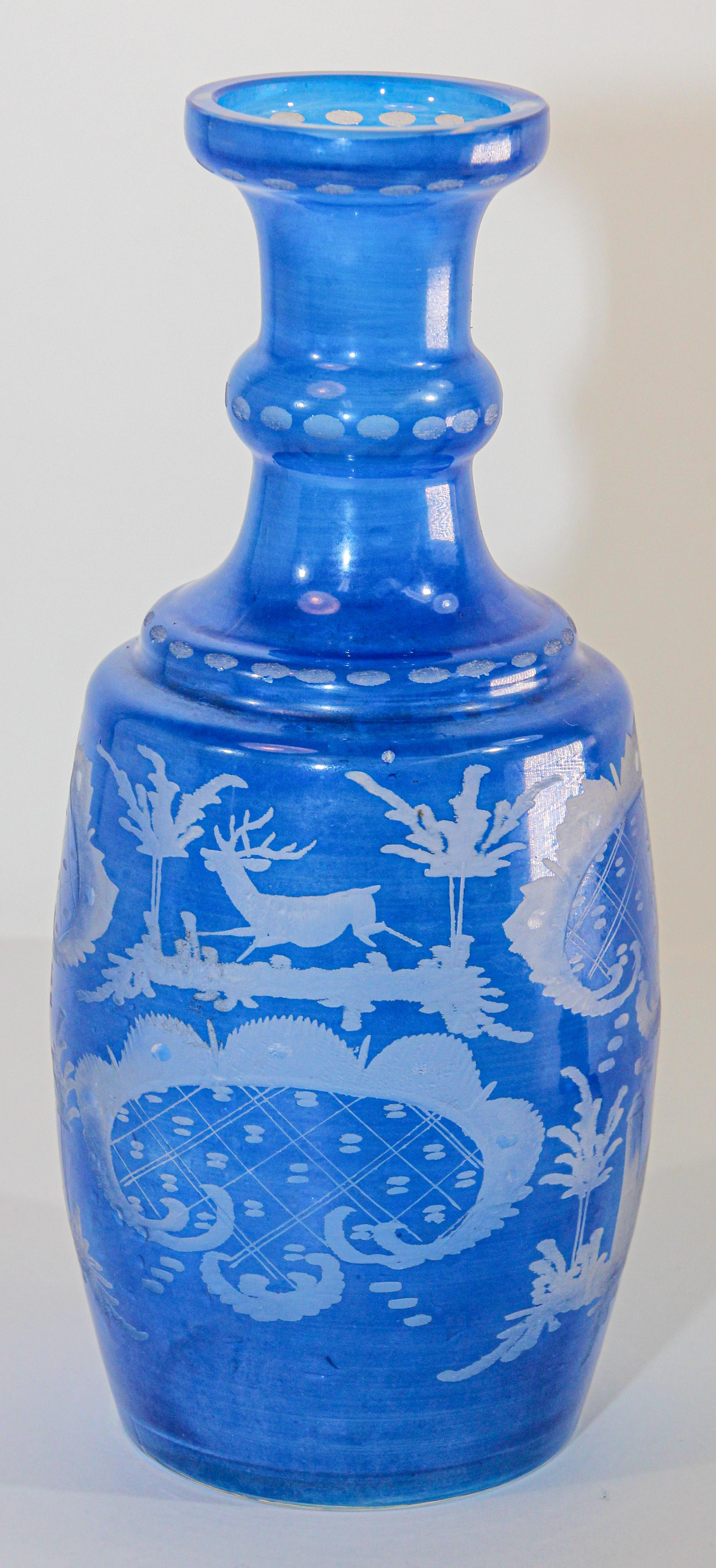 Bohemian Blue Antique Engraved Glass Bottle Covered Decanter For Sale 5