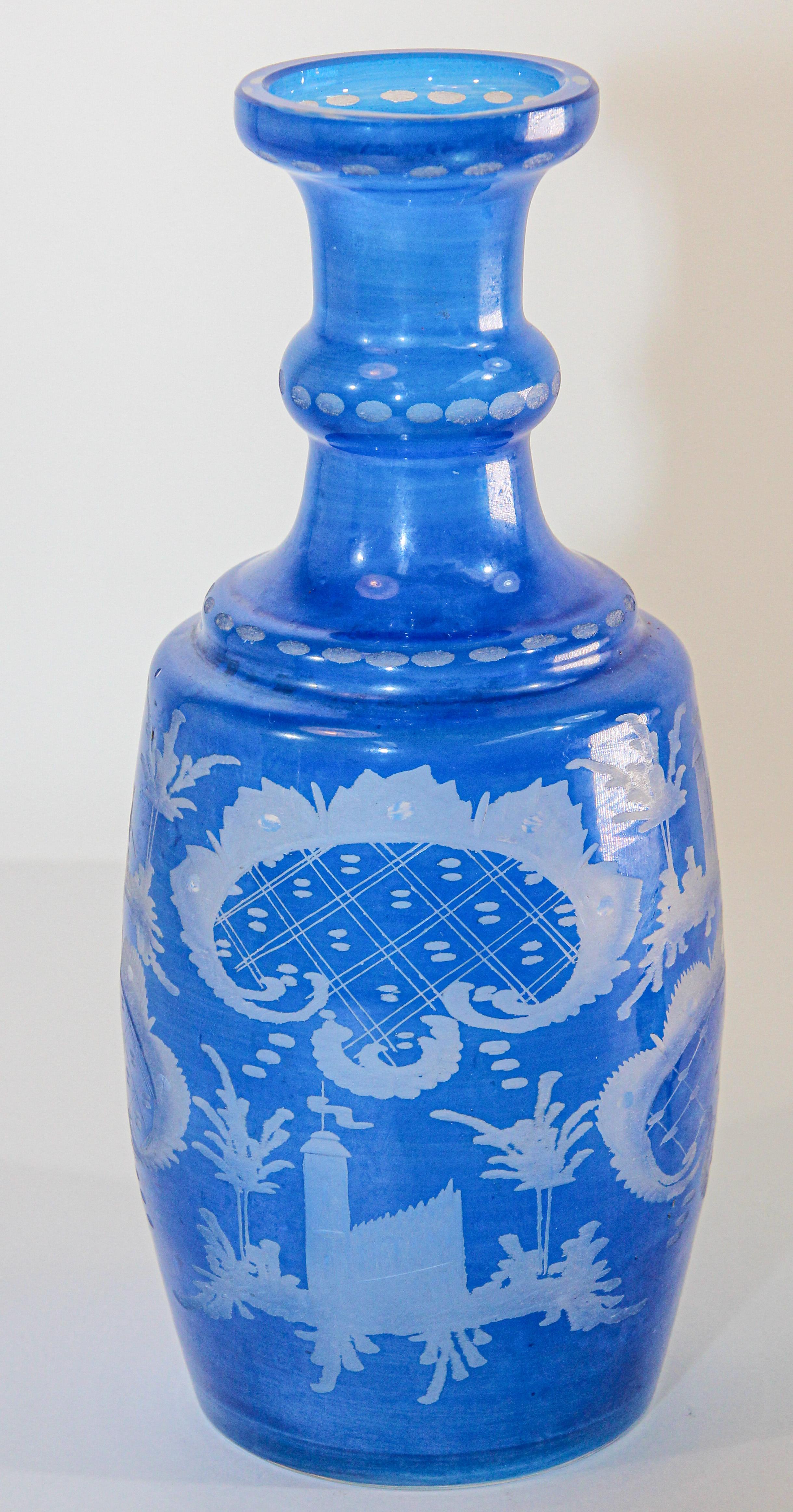 Bohemian Blue Antique Engraved Glass Bottle Covered Decanter For Sale 7