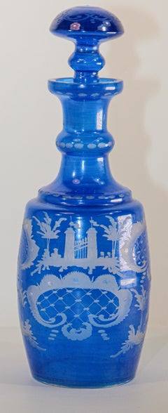 Bohemian Blue Antique Engraved Glass Bottle Covered Decanter