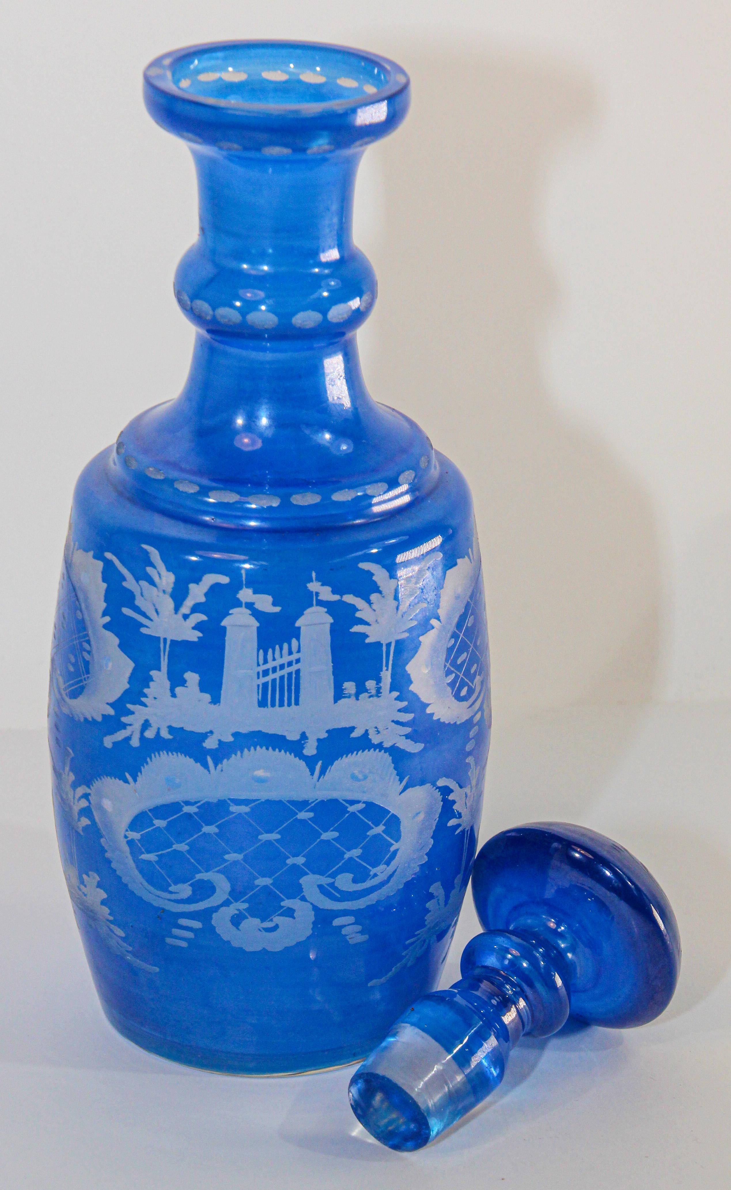 20th Century Bohemian Blue Antique Engraved Glass Bottle Covered Decanter For Sale