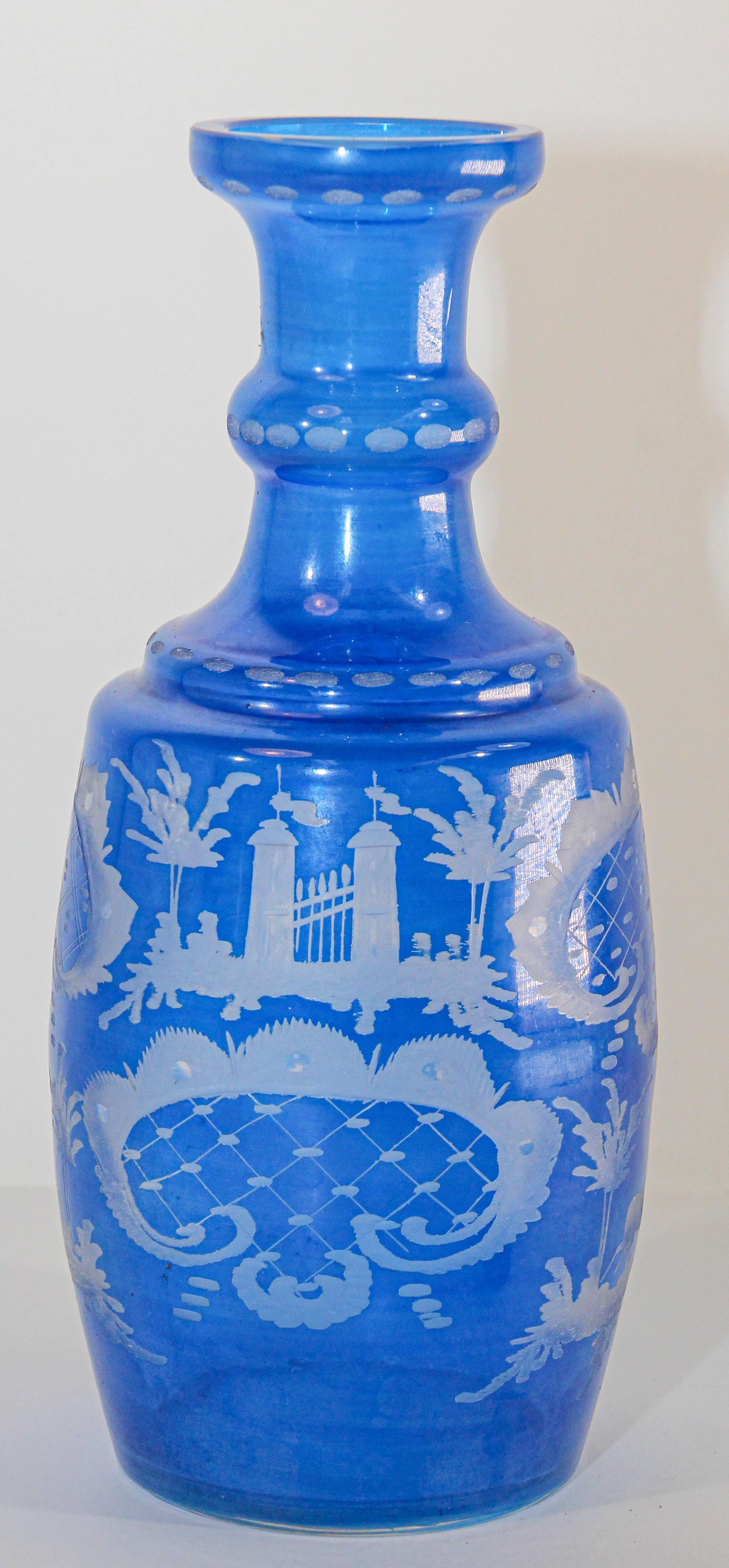 Bohemian Blue Antique Engraved Glass Bottle Covered Decanter For Sale 2