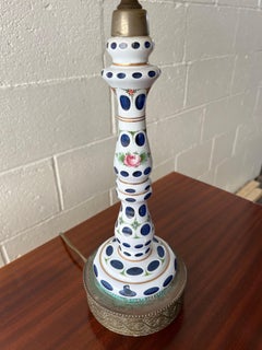 Bohemian Blue Glass Table Lamp with White Overlay, Early 20th Century
