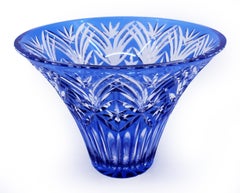 Bohemian Blue Overlay Cut Crystal Centrepiece Vase