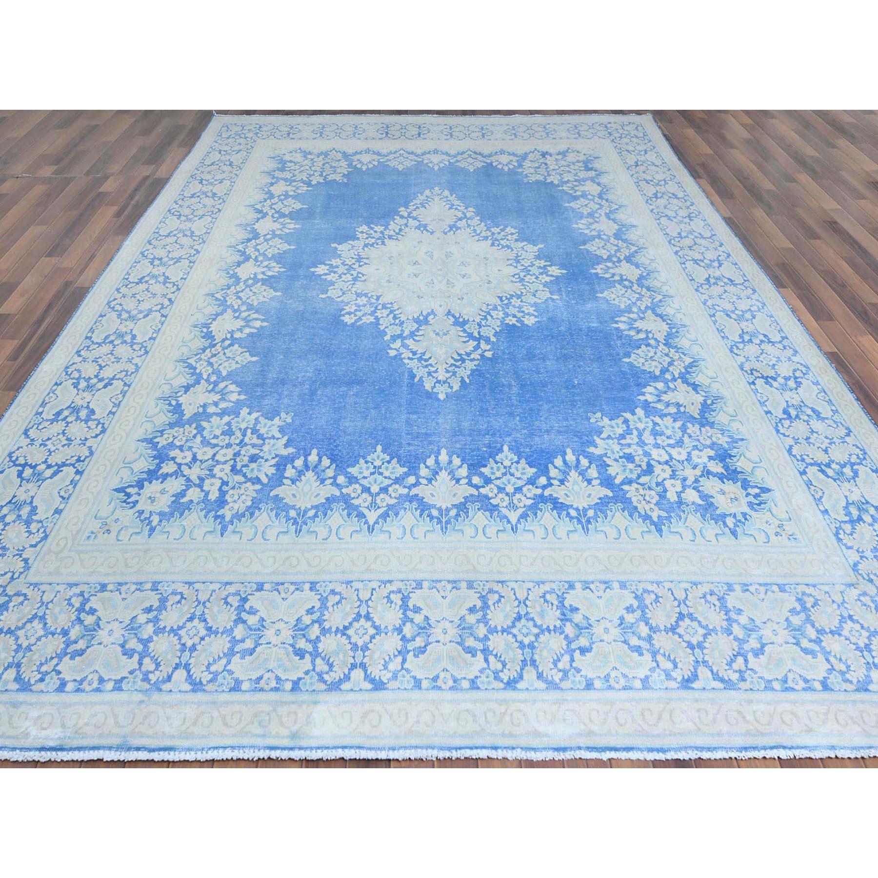 Medieval Bohemian Blue with Medallion Design Persian Kerman Worn Wool Hand Knotted Rug