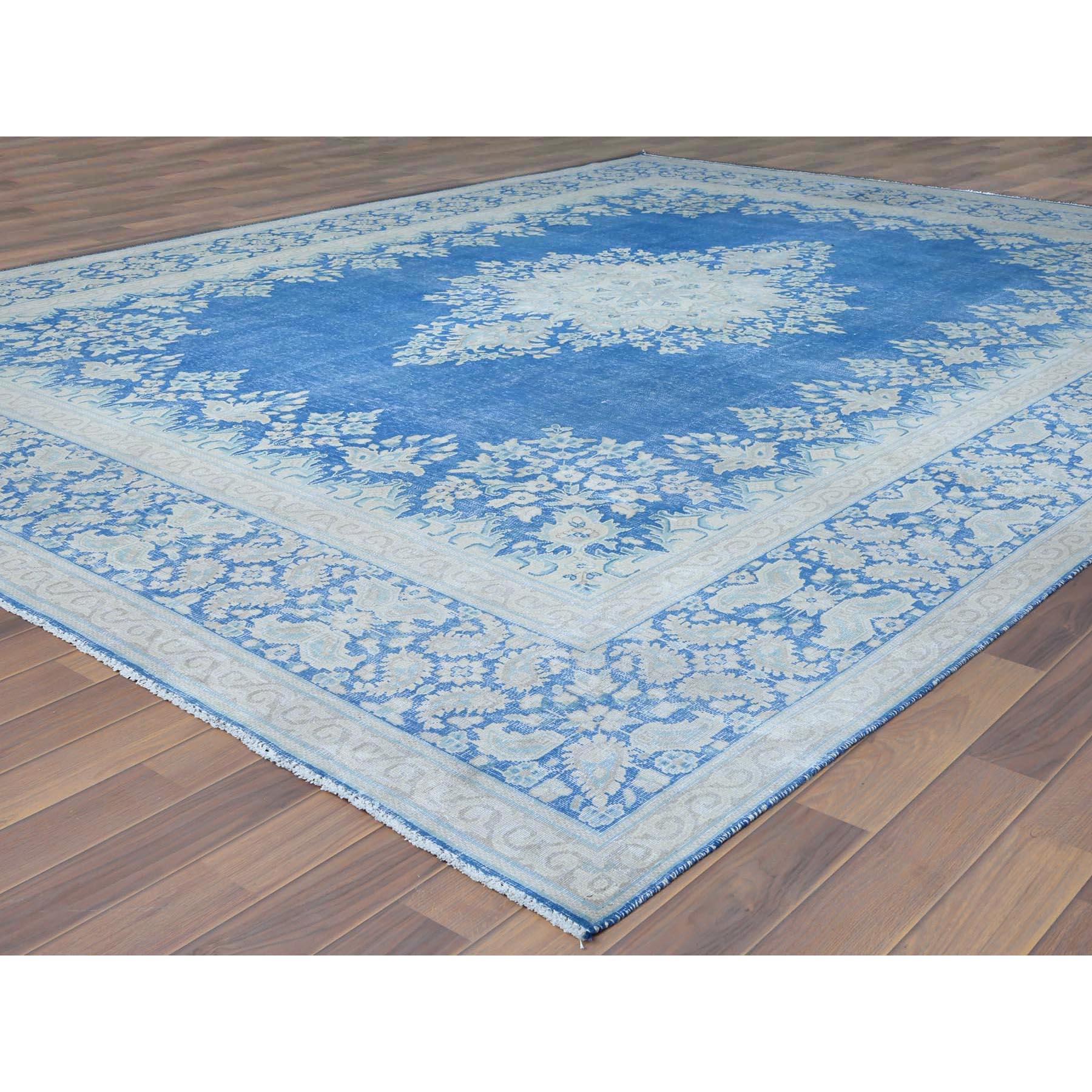 Hand-Knotted Bohemian Blue with Medallion Design Persian Kerman Worn Wool Hand Knotted Rug