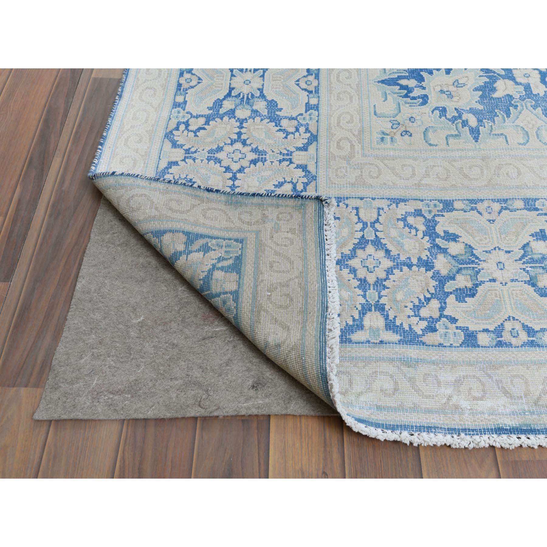 Bohemian Blue with Medallion Design Persian Kerman Worn Wool Hand Knotted Rug In Good Condition In Carlstadt, NJ
