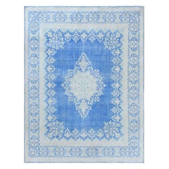 Bohemian Blue with Medallion Design Persian Kerman Worn Wool Hand Knotted Rug