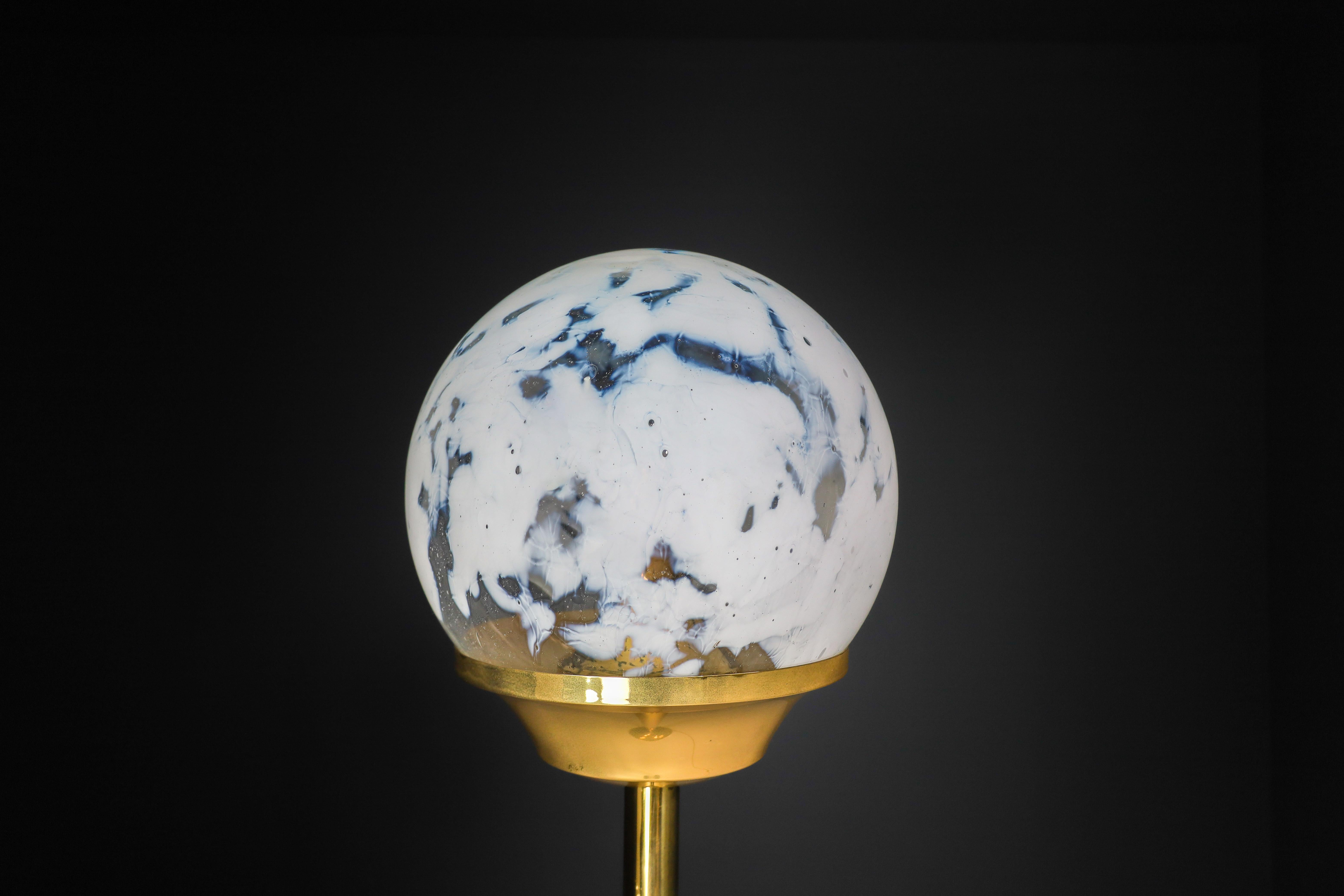 Mid-Century Modern Bohemian Brass and Hand Blown Art-Glass Globe Floor Lamp Czech Republic 1960s  For Sale