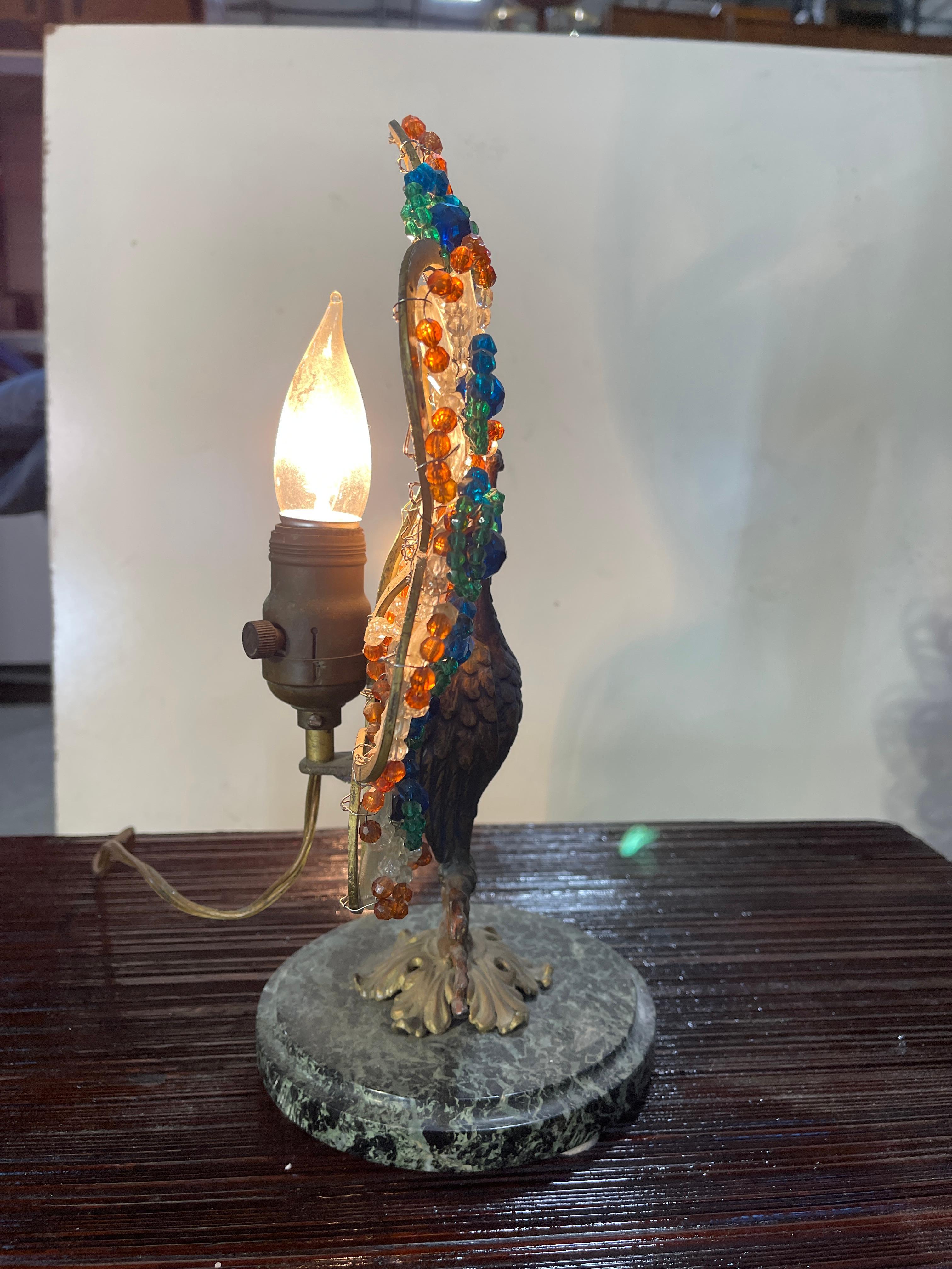 Bohemian Bronze and Beaded Glass Peacock Lamp For Sale 1