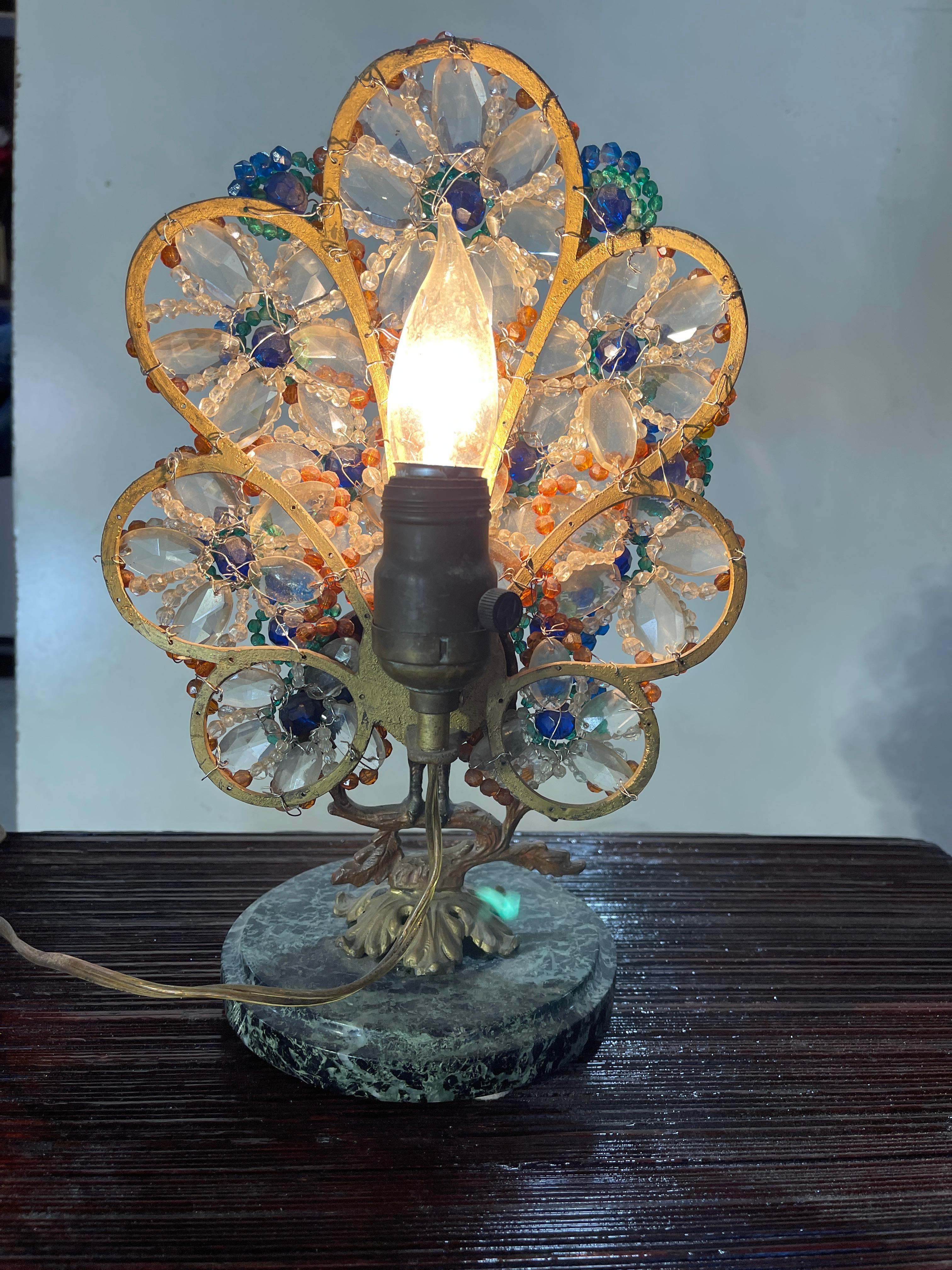 Bohemian Bronze and Beaded Glass Peacock Lamp For Sale 2