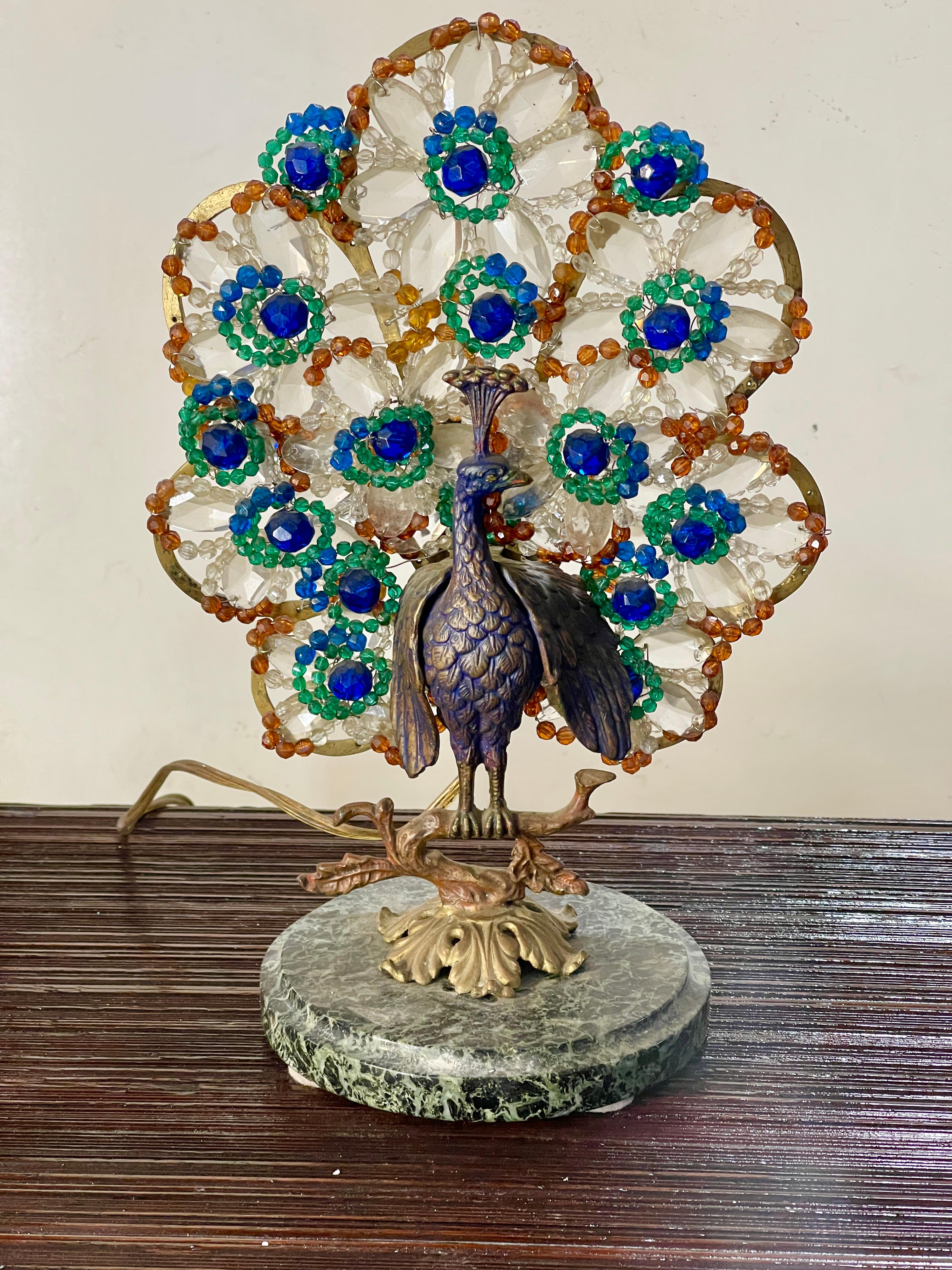 Bohemian Bronze and Beaded Glass Peacock Lamp For Sale 3