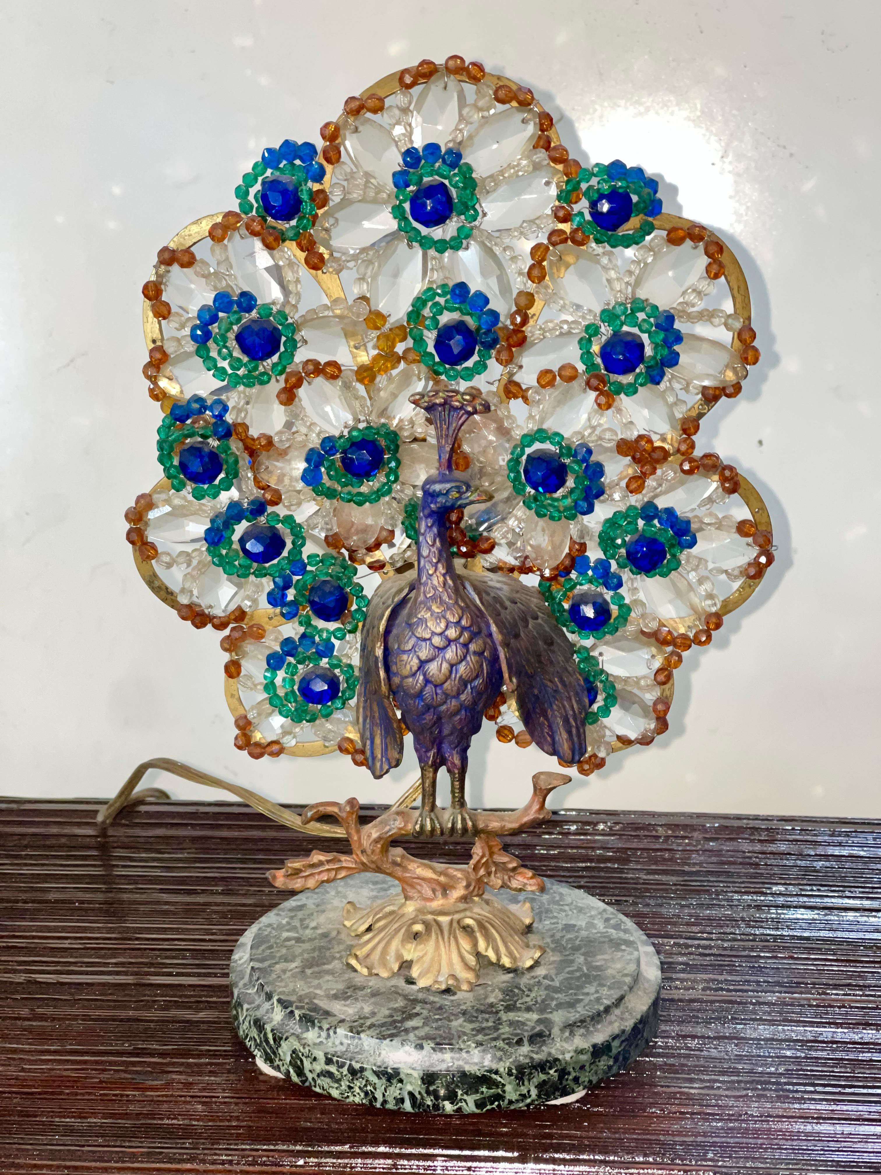 Bohemian Bronze and Beaded Glass Peacock Lamp For Sale 4