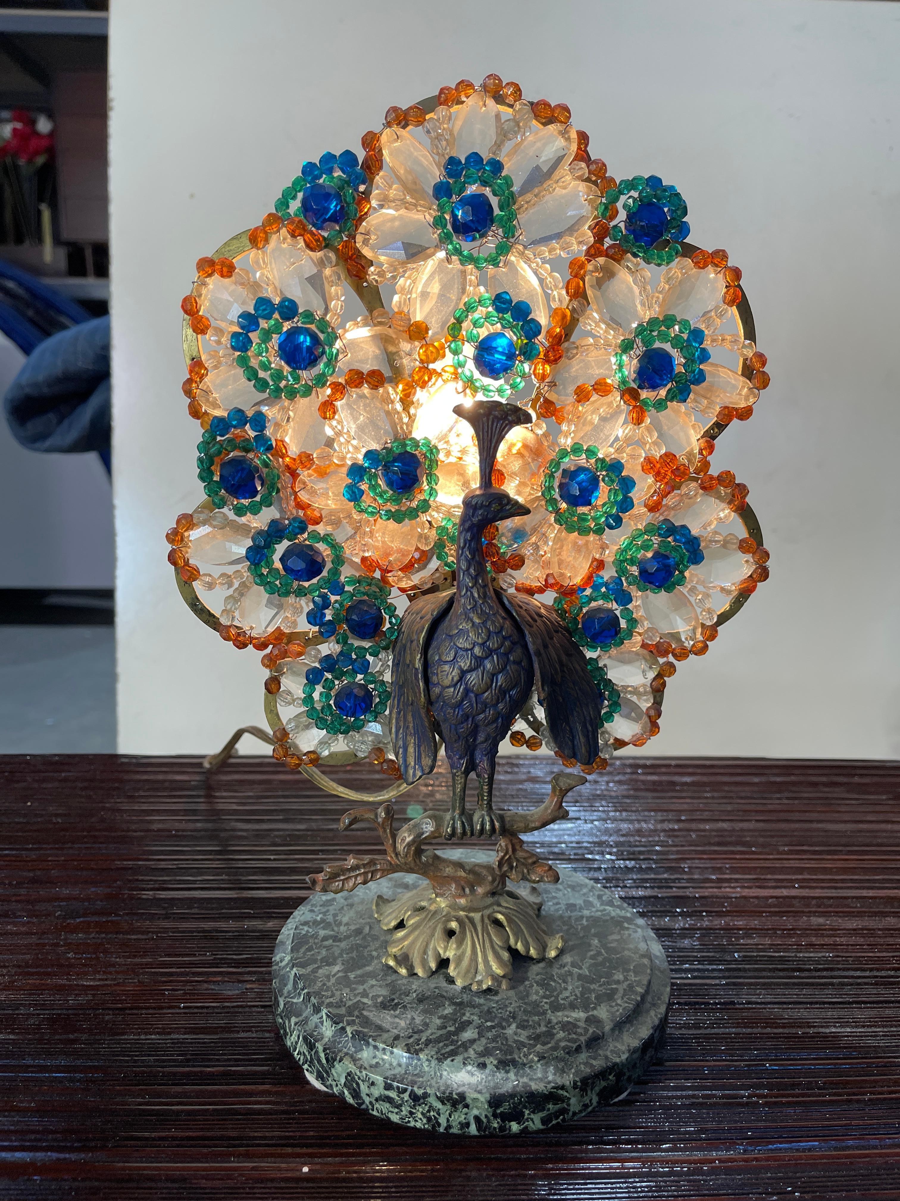 Mid-20th Century Bohemian Bronze and Beaded Glass Peacock Lamp For Sale
