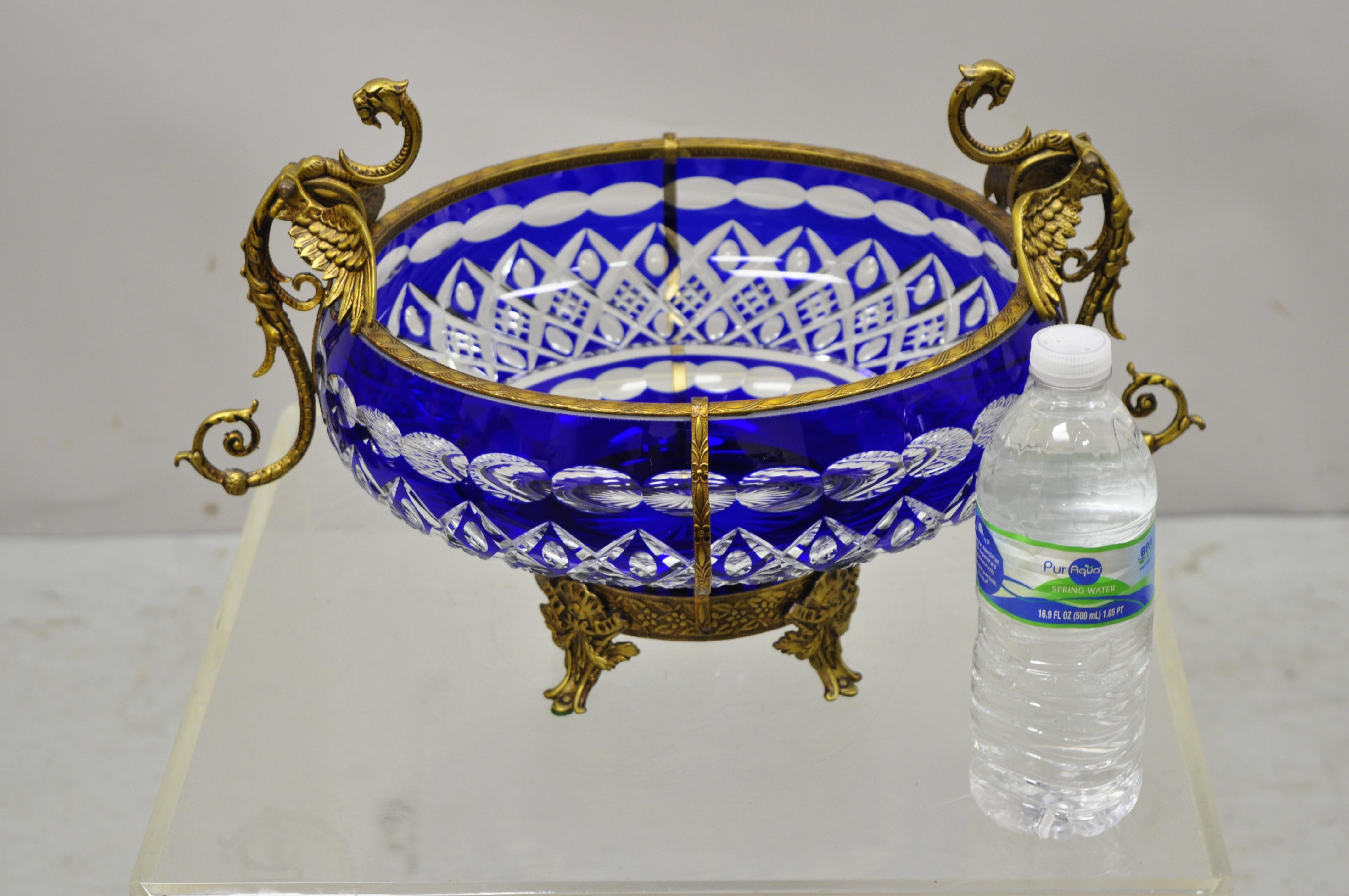 Bohemian Bronze Mounted Dragon Cobalt Blue Cut to Clear Centerpiece Platter Bowl 5