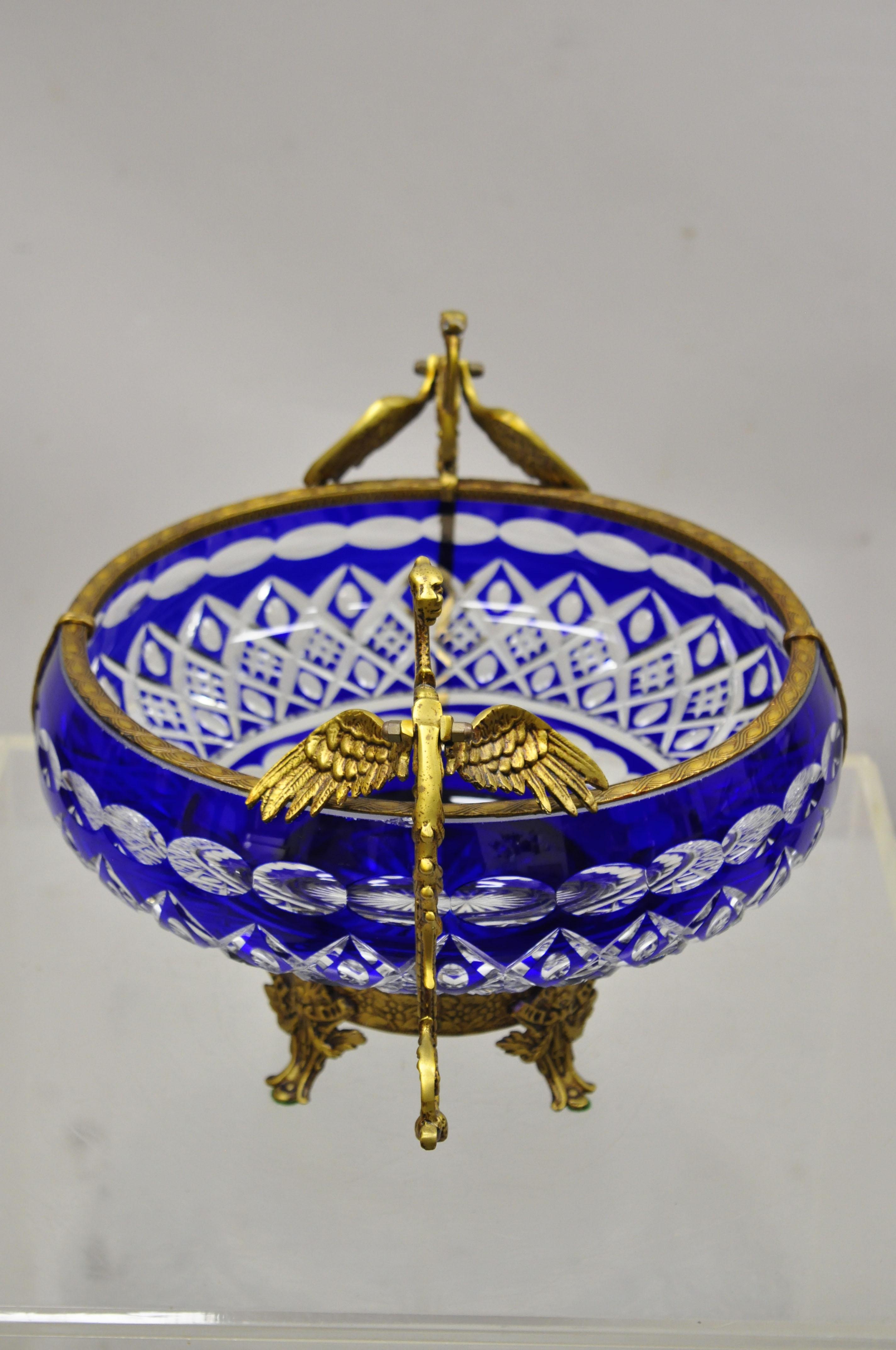 Bohemian Bronze Mounted Dragon Cobalt Blue Cut to Clear Centerpiece Platter Bowl 6