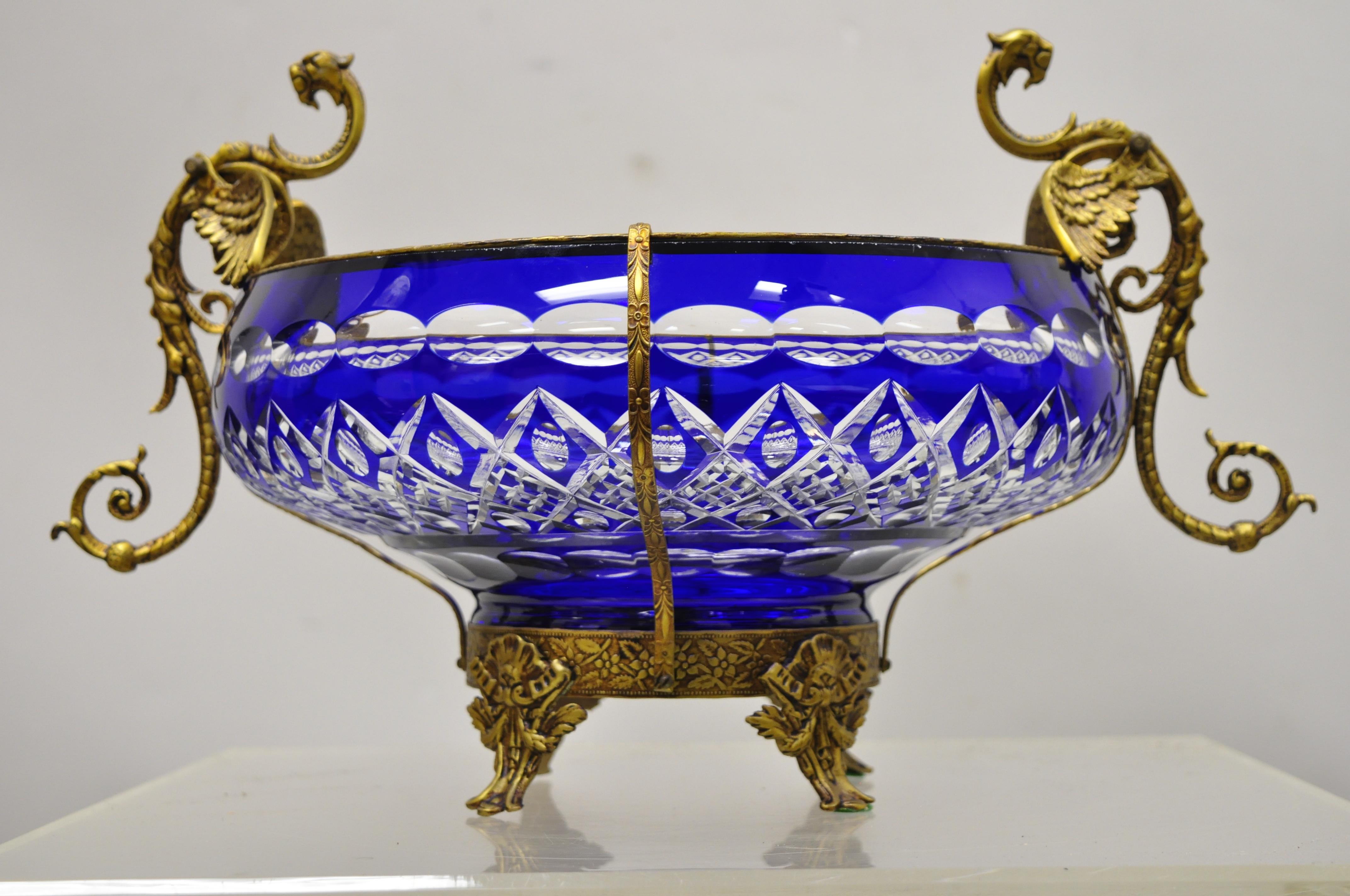 Bohemian Bronze Mounted Dragon Cobalt Blue Cut to Clear Centerpiece Platter Bowl 7