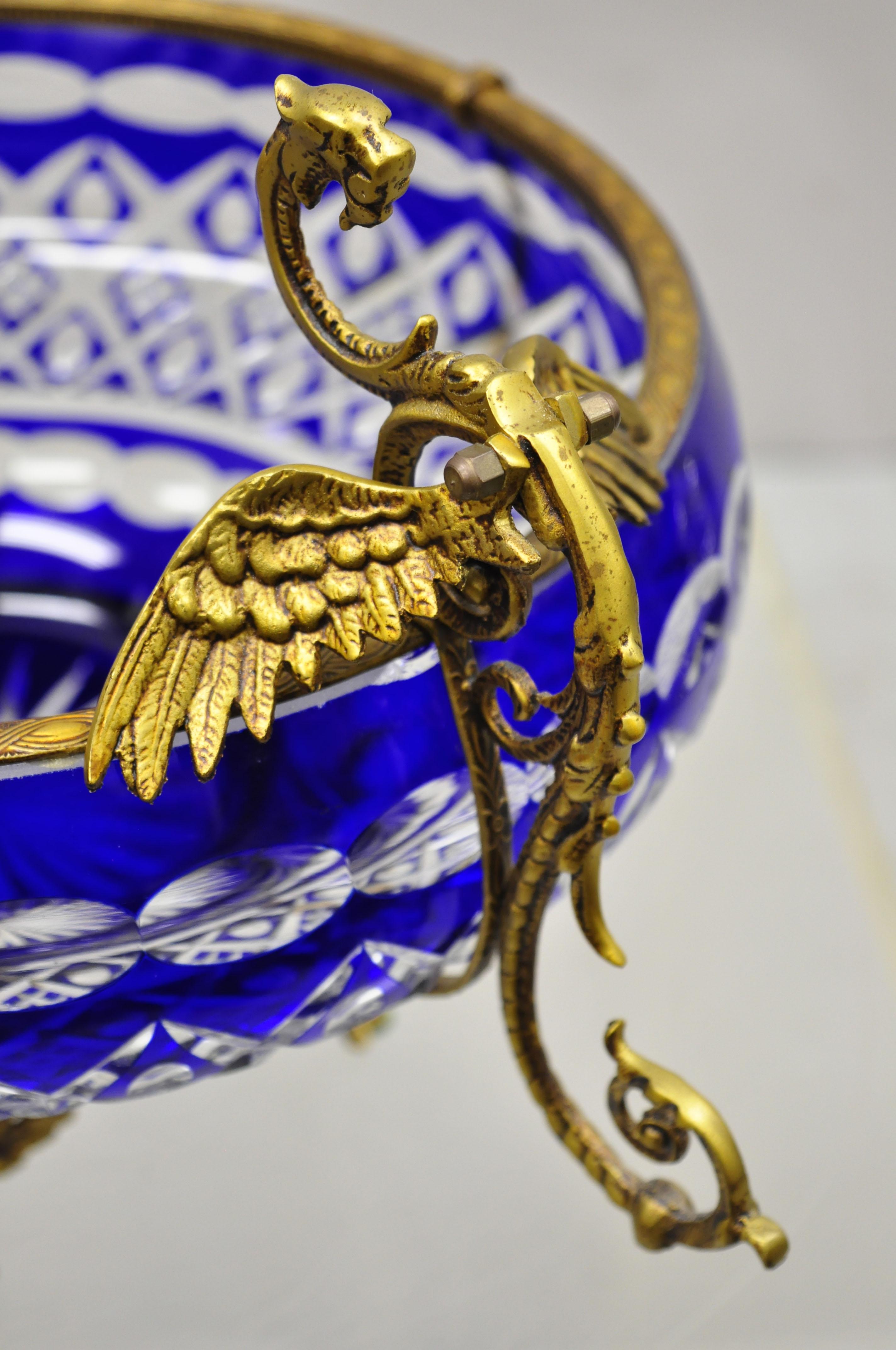 Regency Bohemian Bronze Mounted Dragon Cobalt Blue Cut to Clear Centerpiece Platter Bowl