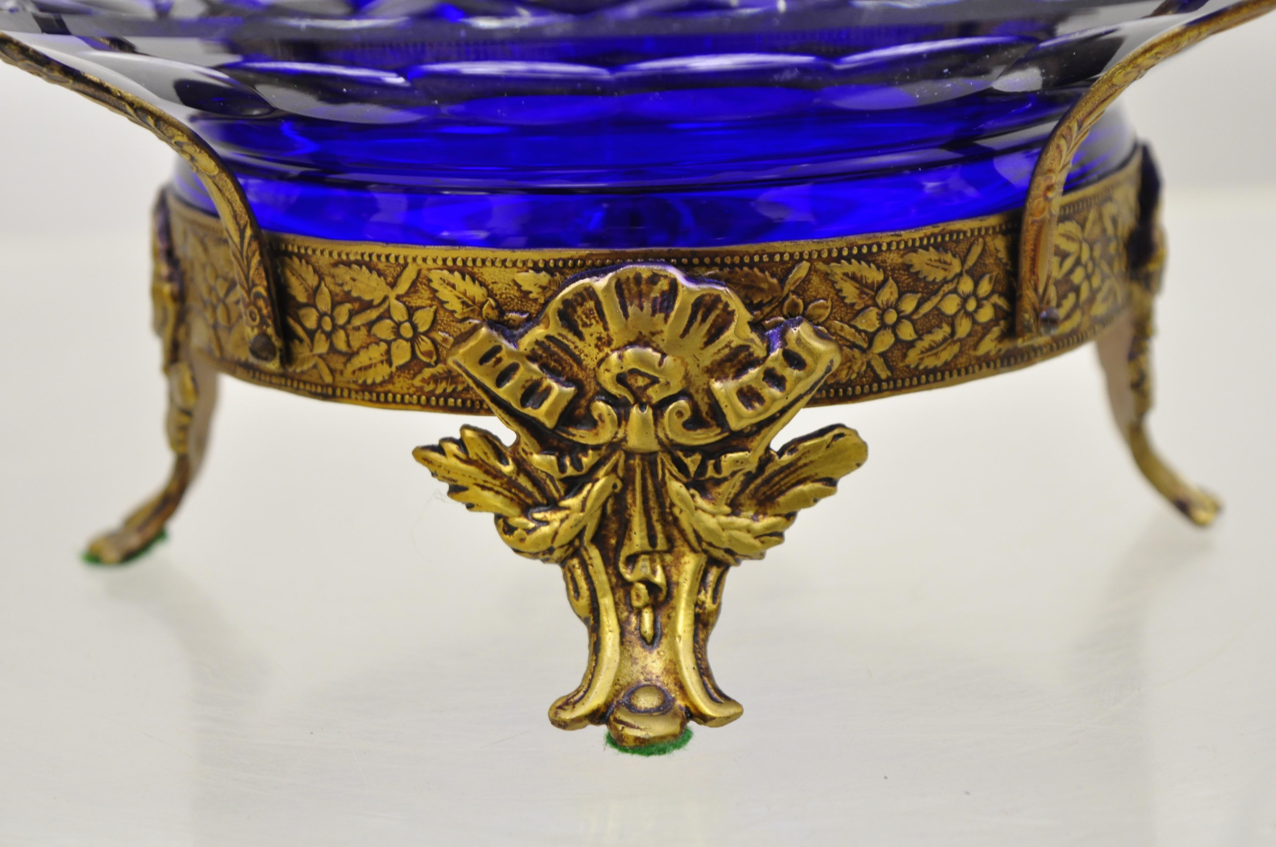 Bohemian Bronze Mounted Dragon Cobalt Blue Cut to Clear Centerpiece Platter Bowl In Good Condition In Philadelphia, PA