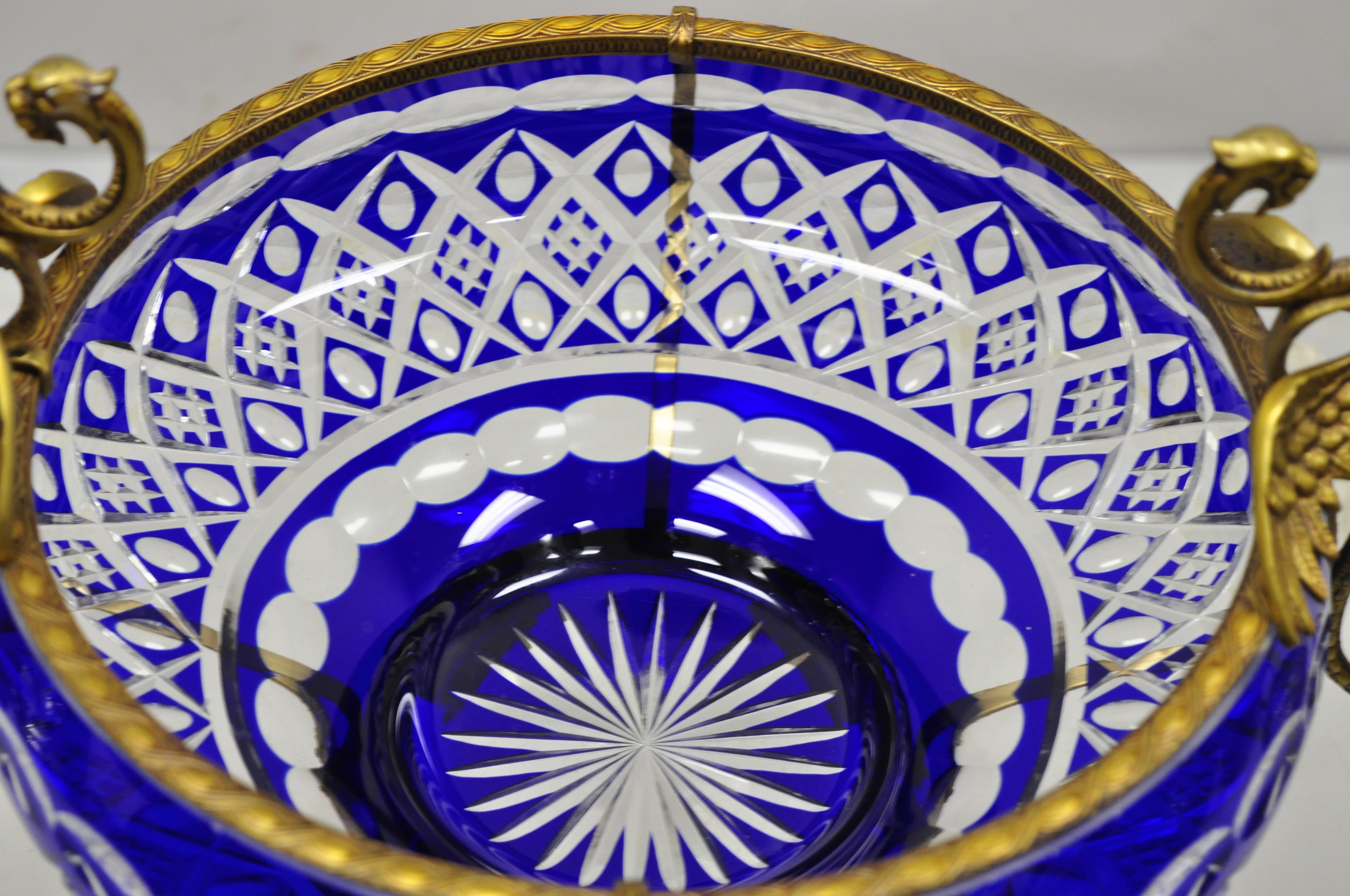 20th Century Bohemian Bronze Mounted Dragon Cobalt Blue Cut to Clear Centerpiece Platter Bowl