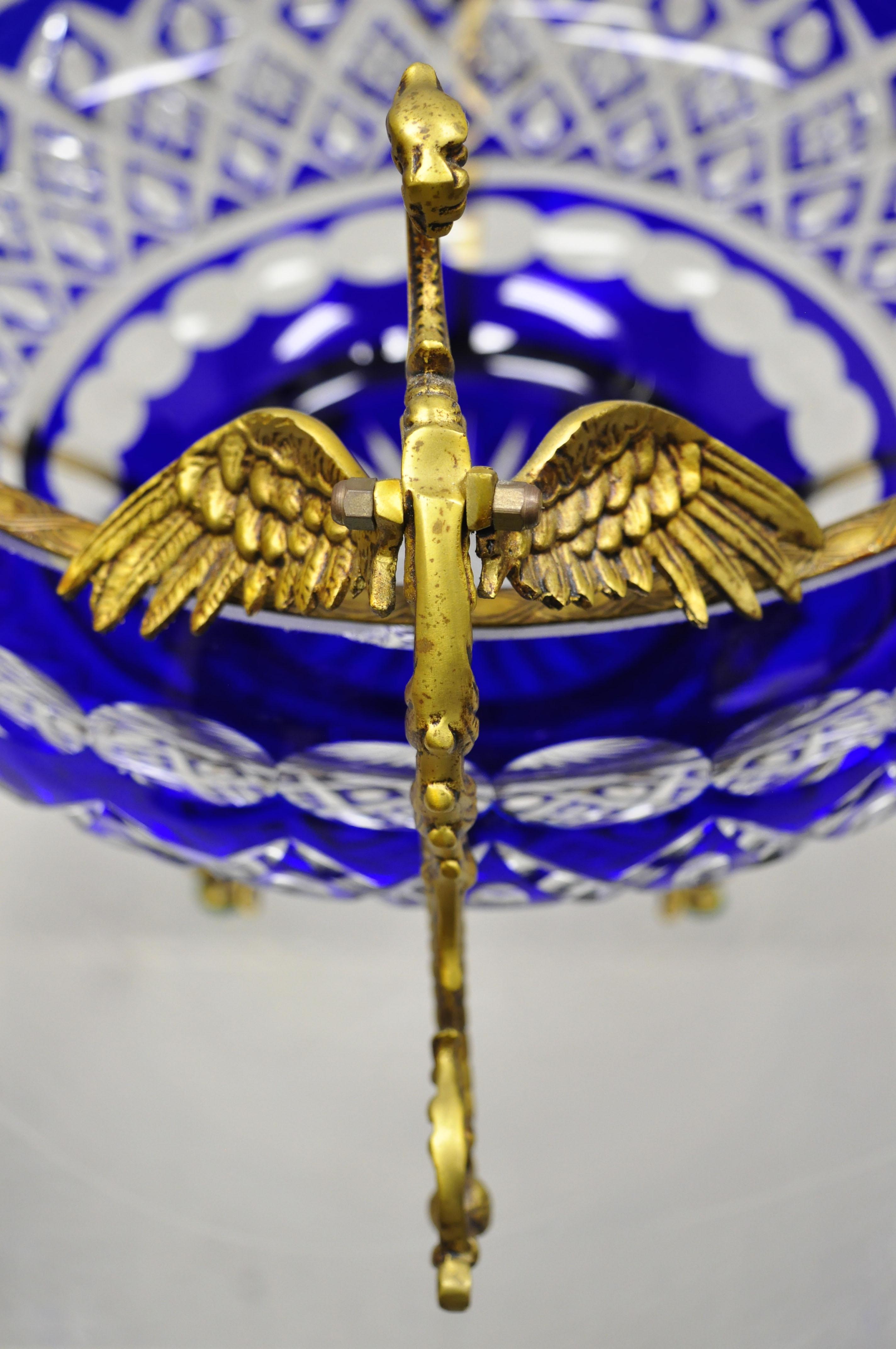 Bohemian Bronze Mounted Dragon Cobalt Blue Cut to Clear Centerpiece Platter Bowl 1