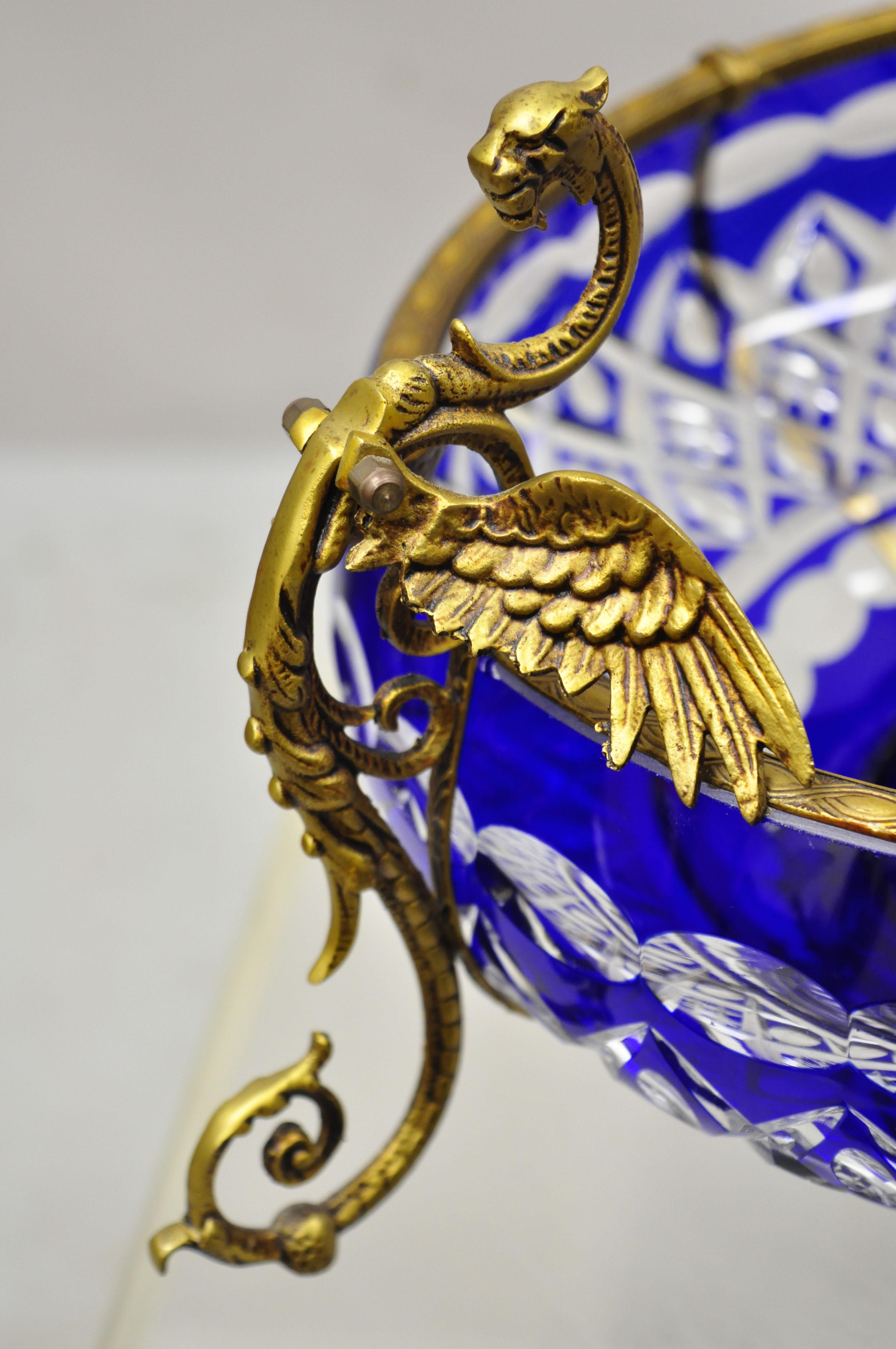 Bohemian Bronze Mounted Dragon Cobalt Blue Cut to Clear Centerpiece Platter Bowl 3