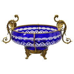 Bohemian Bronze Mounted Dragon Cobalt Blue Cut to Clear Centerpiece Platter Bowl