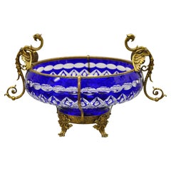 Vintage Bohemian Bronze Mounted Dragon Cobalt Blue Cut to Clear Centerpiece Platter Bowl