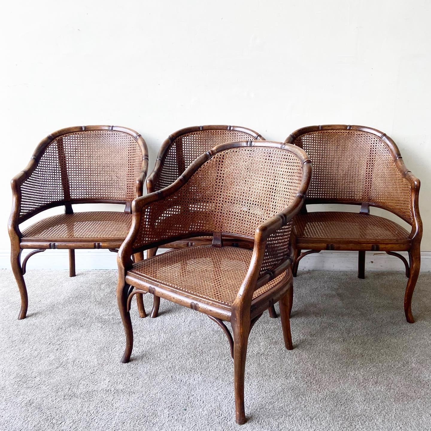Bohemian Cane Arm Chairs by Grange Furniture, Set of 4 In Good Condition In Delray Beach, FL