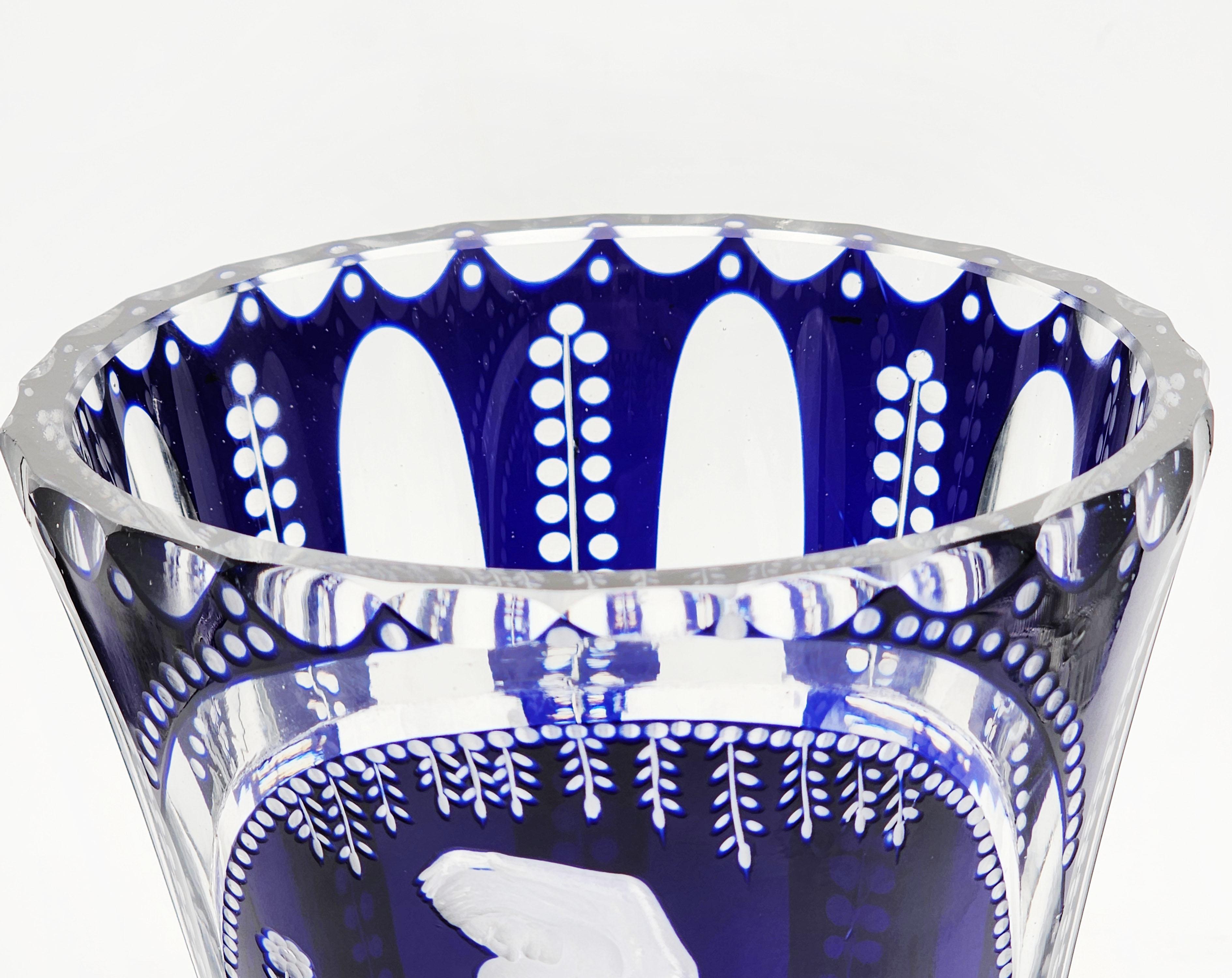 Art Deco Bohemian Carved Glass Vase in Cobalt Blue For Sale